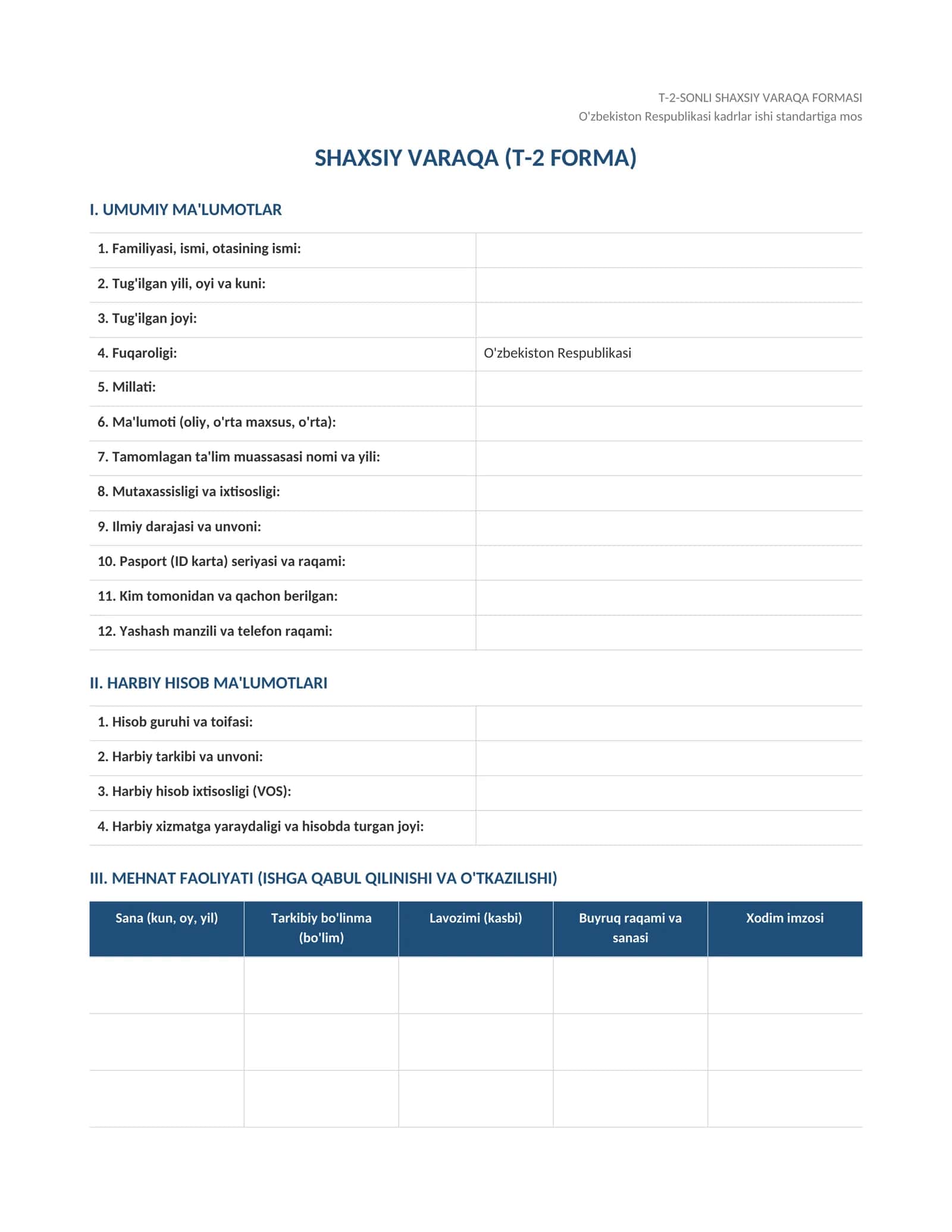 T2 forma shaxsiy varaqa kartasi namuna blankasi (Word) 1