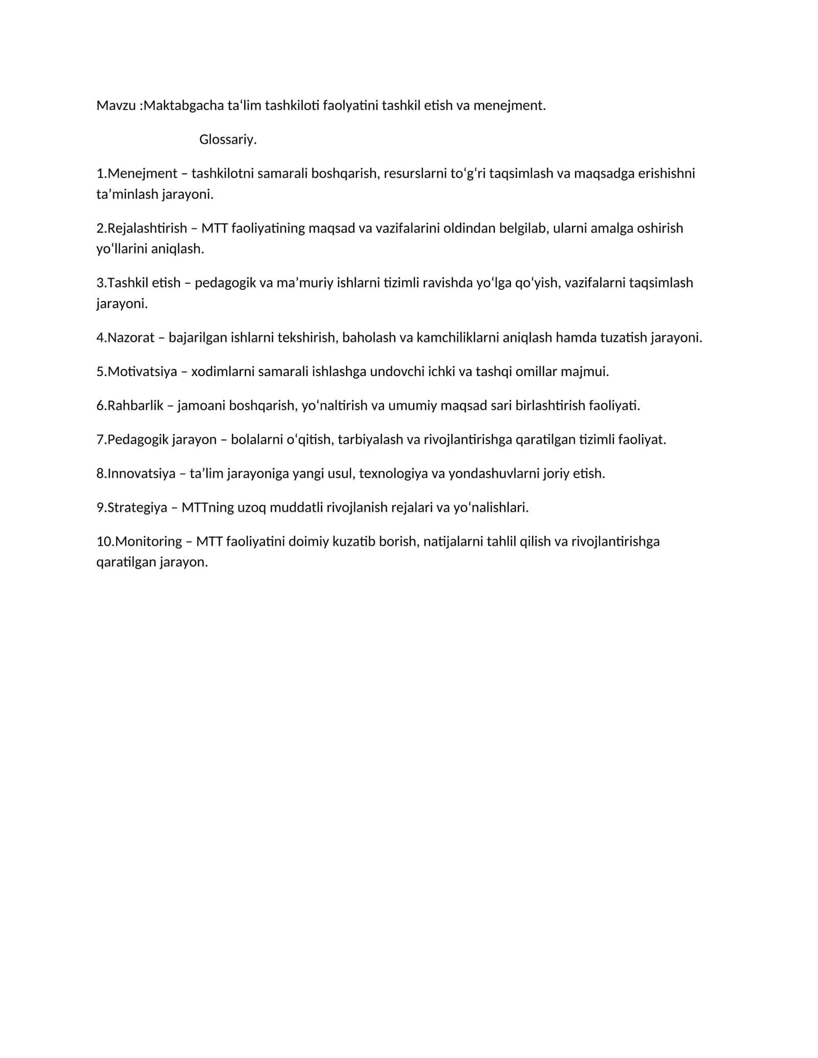 Maktabgacha ta‘lim tashkiloti faolyatini tashkil etish va menejment 1