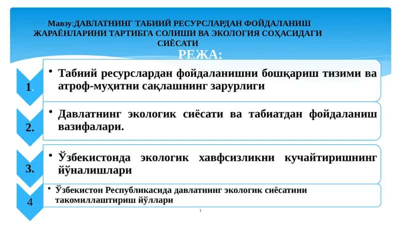 ДАВЛАТНИНГ ТАБИИЙ РЕСУРСЛАРДАН ФОЙДАЛАНИШ ЖАРАЁНЛАРИНИ ТАРТИБГА СОЛИШИ ВА ЭКОЛОГИЯ СОҲАСИДАГИ СИЁСАТИ 1