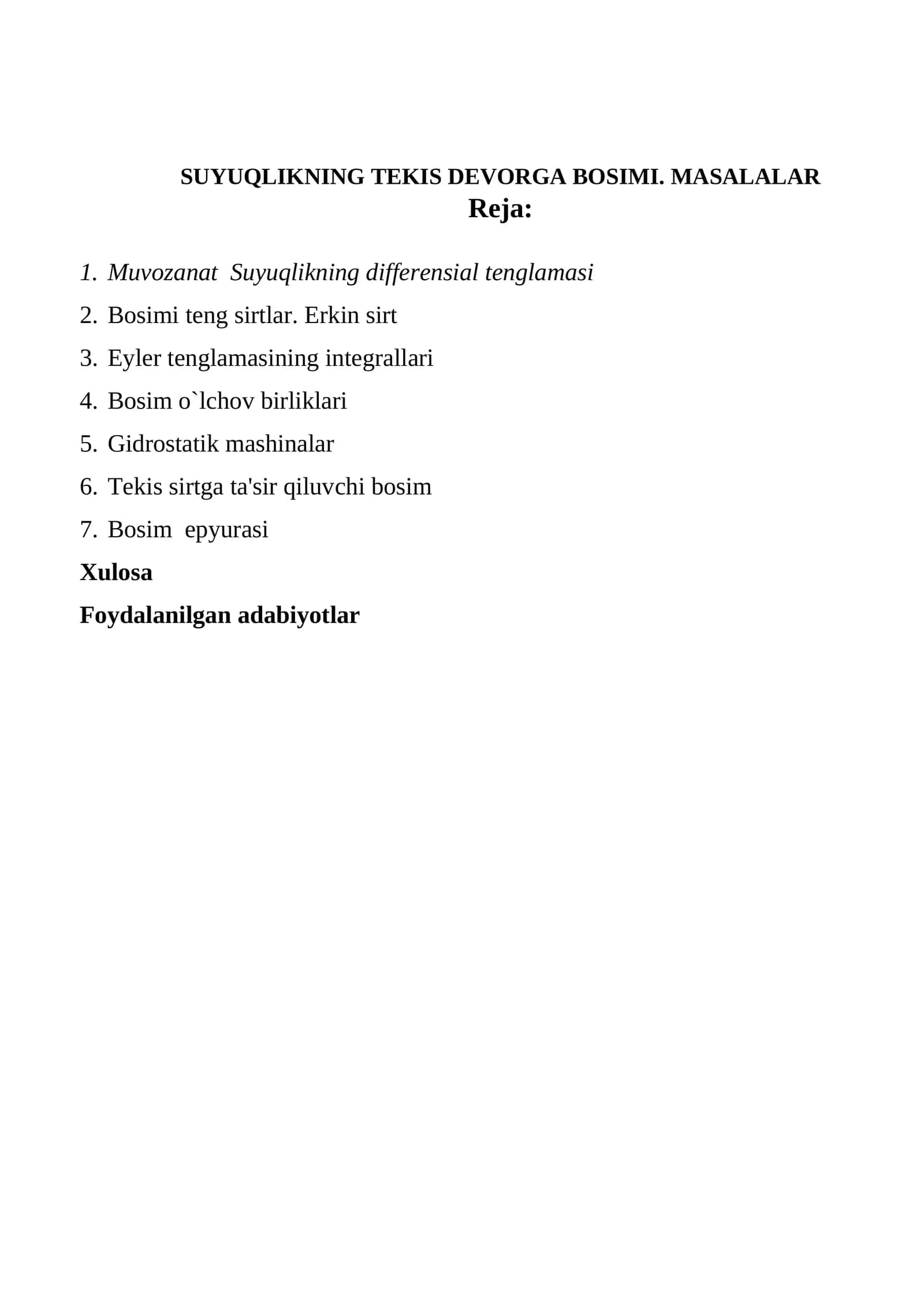 SUYUQLIKNING TEKIS DEVORGA BOSIMI. MASALALAR 1