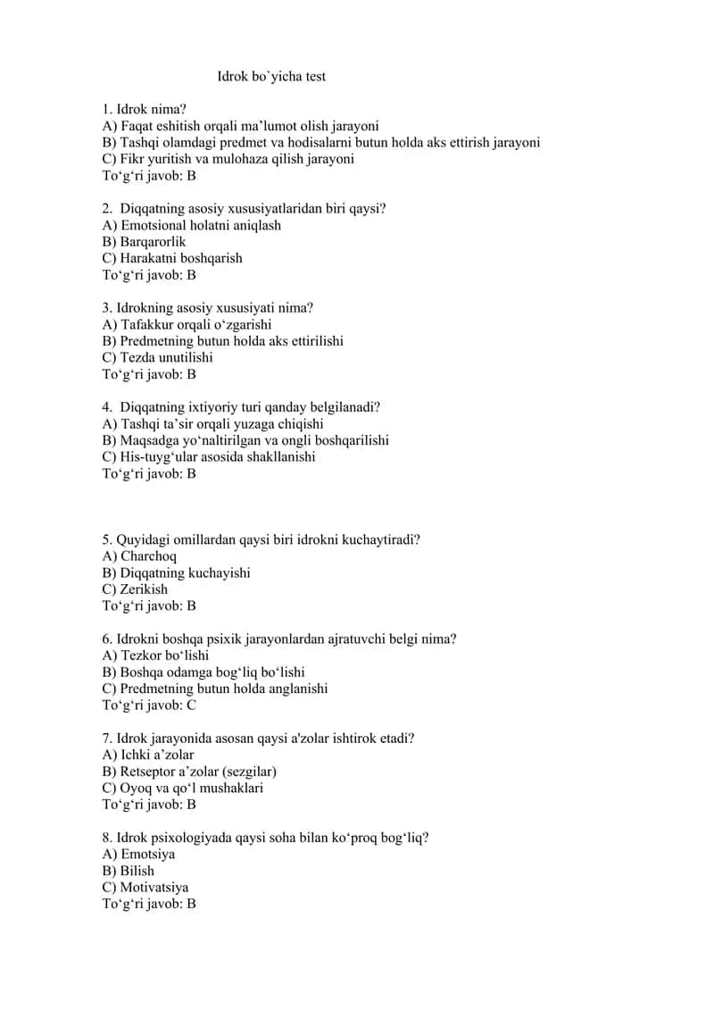 Idrok bo`yicha test 1