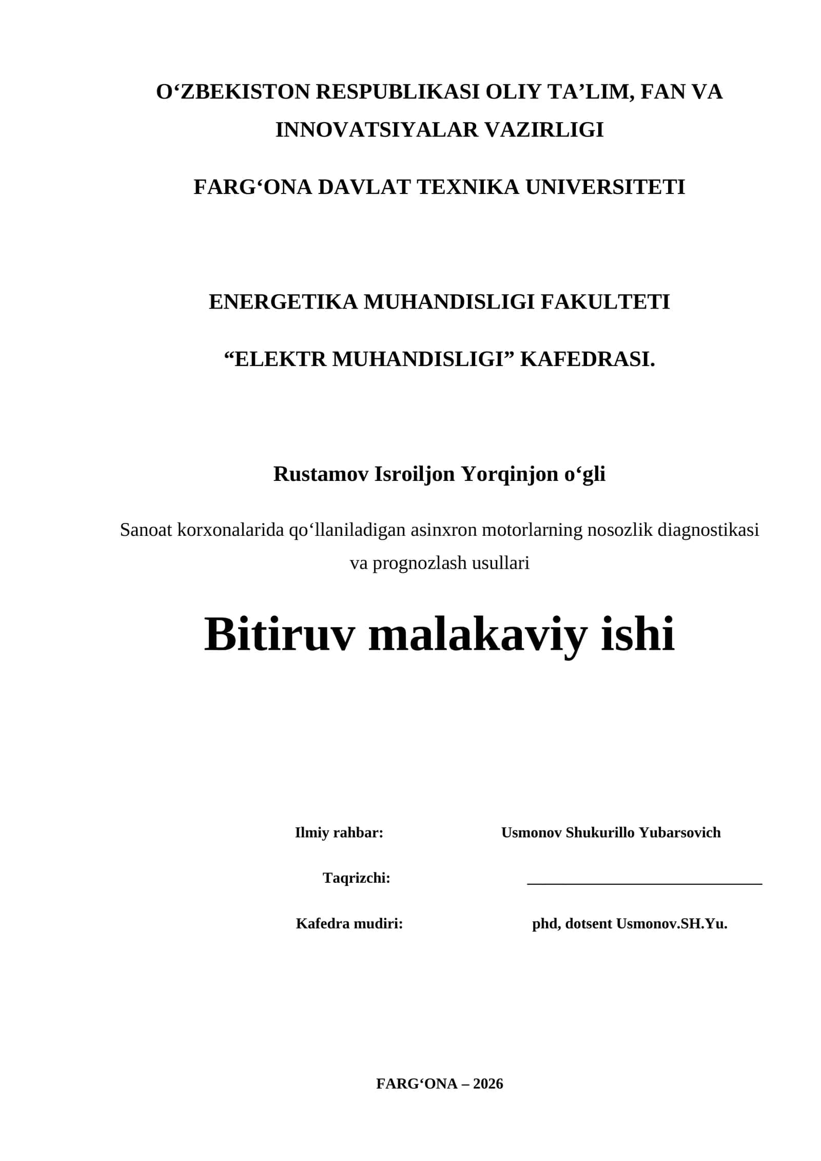 Asinxron motorlarning nosozlik diagnostikasi va prognozlash usullari 1