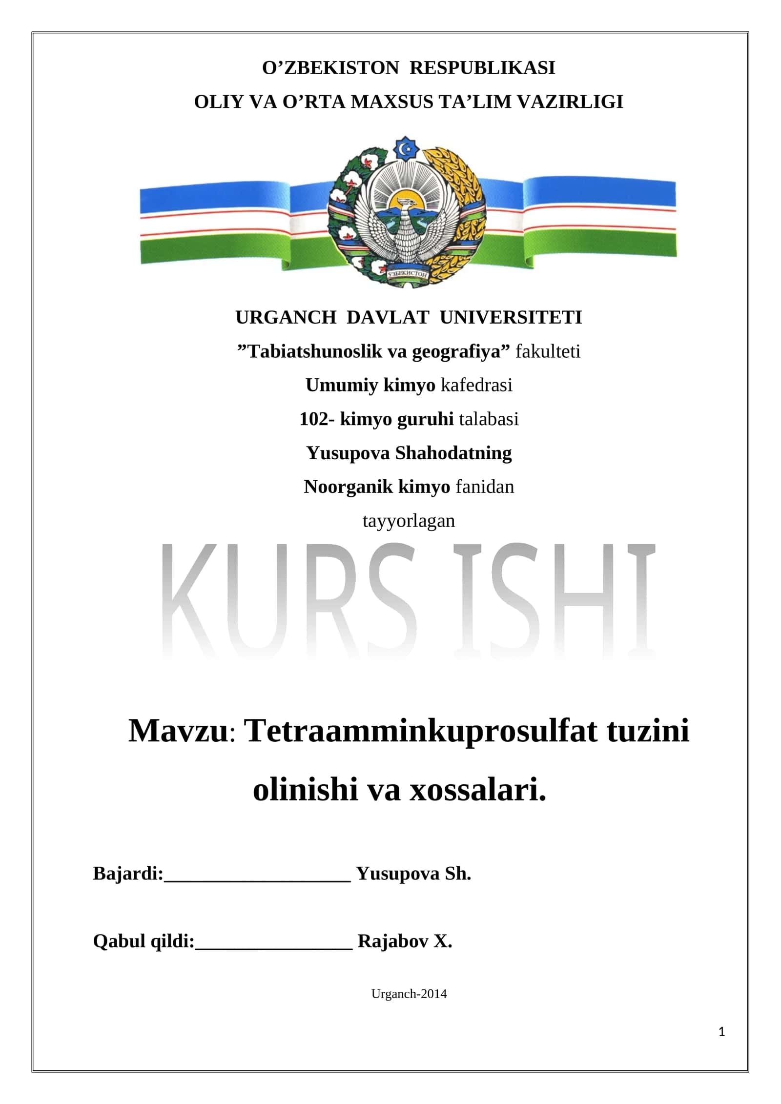 Tetraamminkuprosulfat tuzini olinishi va xossalari 1