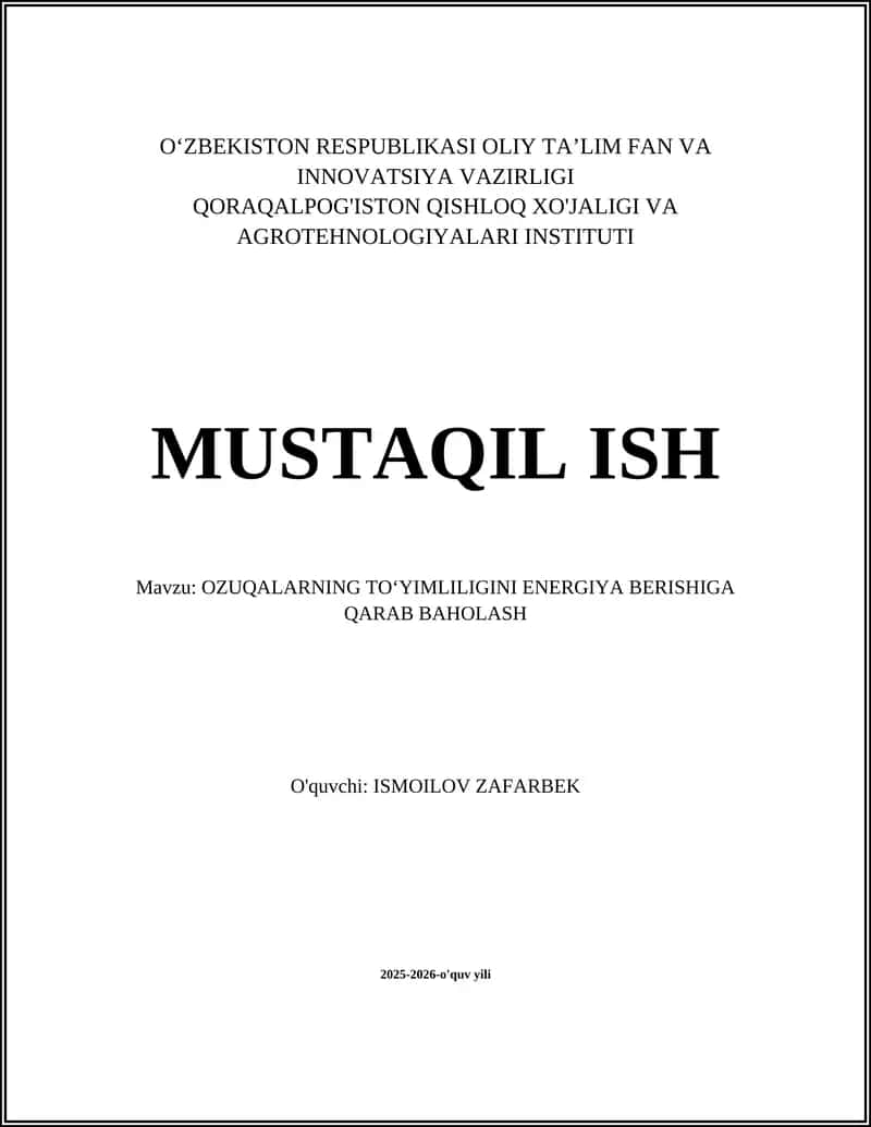 OZUQALARNING TOʻYIMLILIGINI ENERGIYA BERISHIGA QARAB BAHOLASH 1