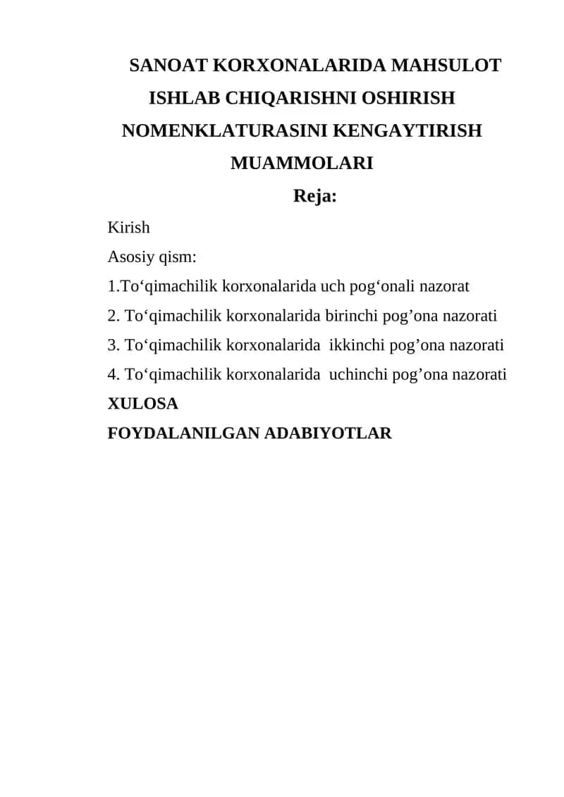 SANOAT KORXONALARIDA MAHSULOT ISHLAB CHIQARISHNI OSHIRISH NOMENKLATURASINI KENGAYTIRISH MUAMMOLARI 1
