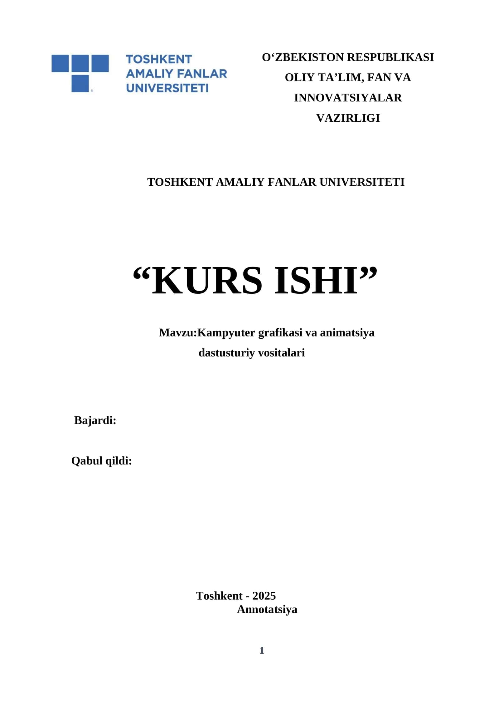 Kampyuter grafikasi va aanimatsiya dasturiy vositalar 1