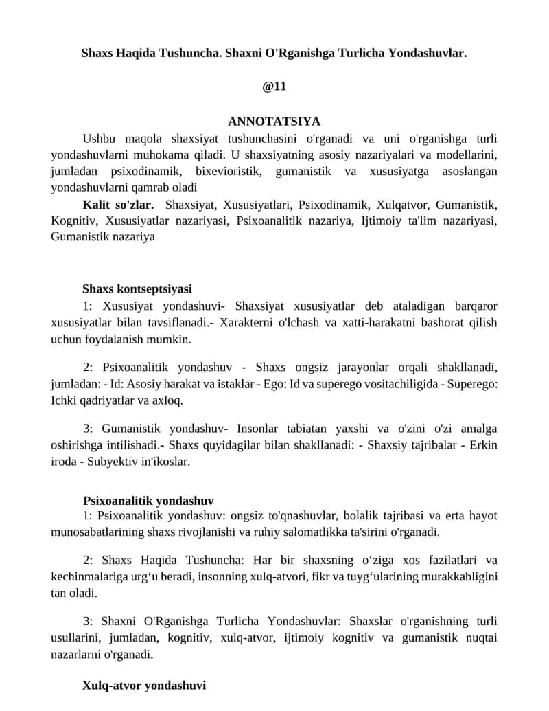 Shaxs Haqida Tushuncha. Shaxni O'Rganishga Turlicha Yondashuvlar 1