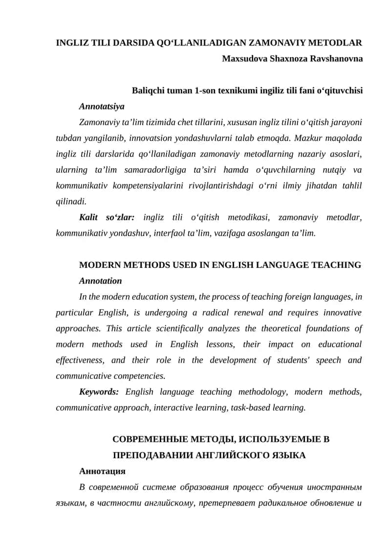INGLIZ TILI DARSIDA QO‘LLANILADIGAN ZAMONAVIY METODLAR 1