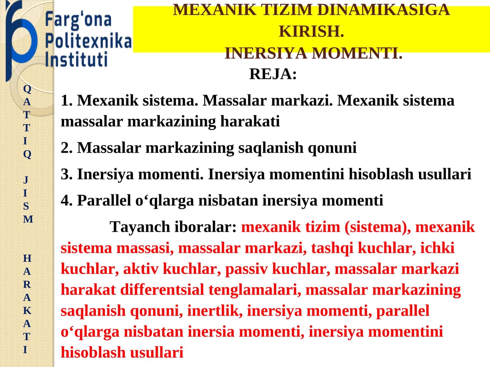 Mexanik Tizim Dinamikasi 1