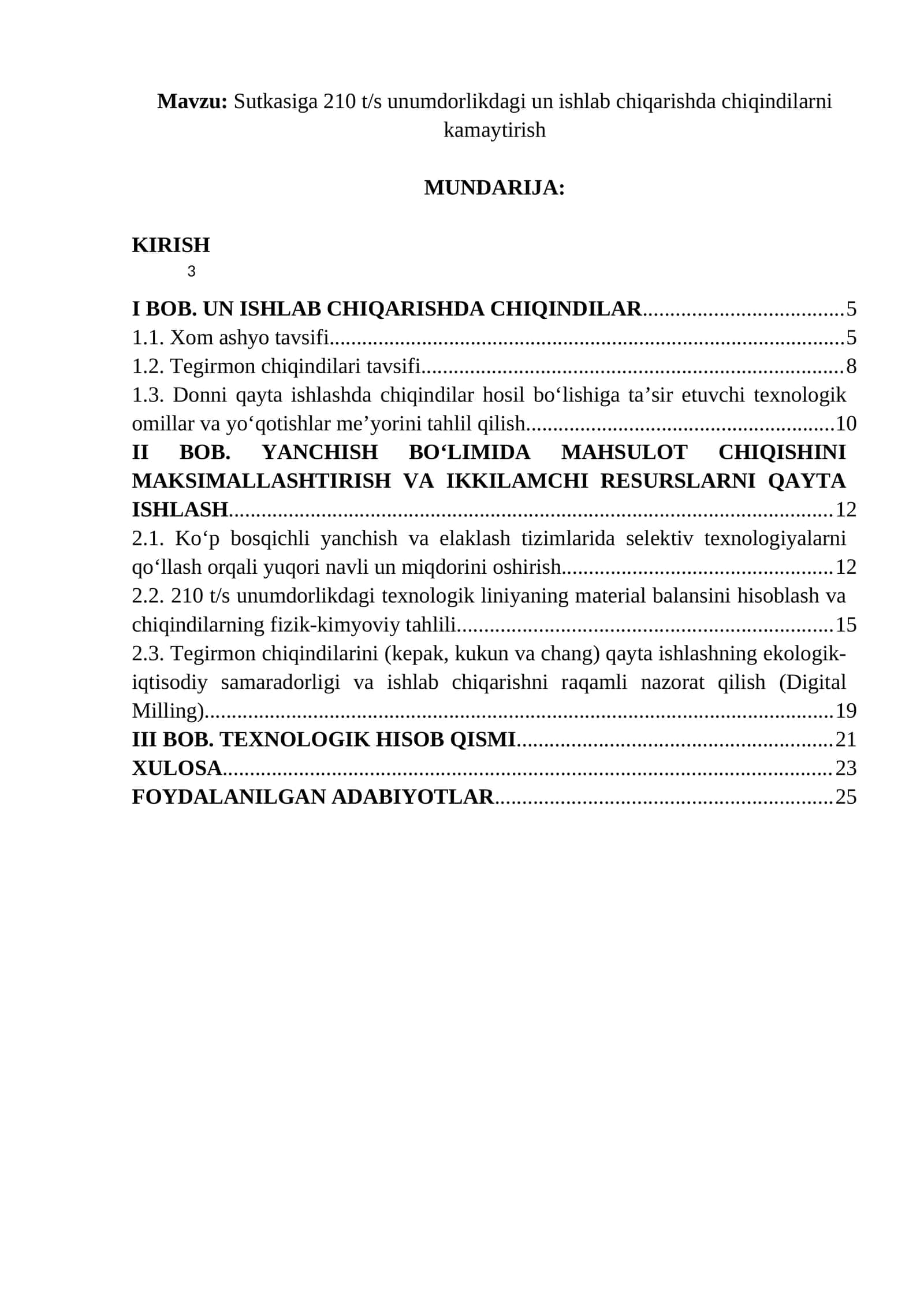 Sutkasiga 210 t/s unumdorlikdagi un ishlab chiqarishda chiqindilarni kamaytirish 1