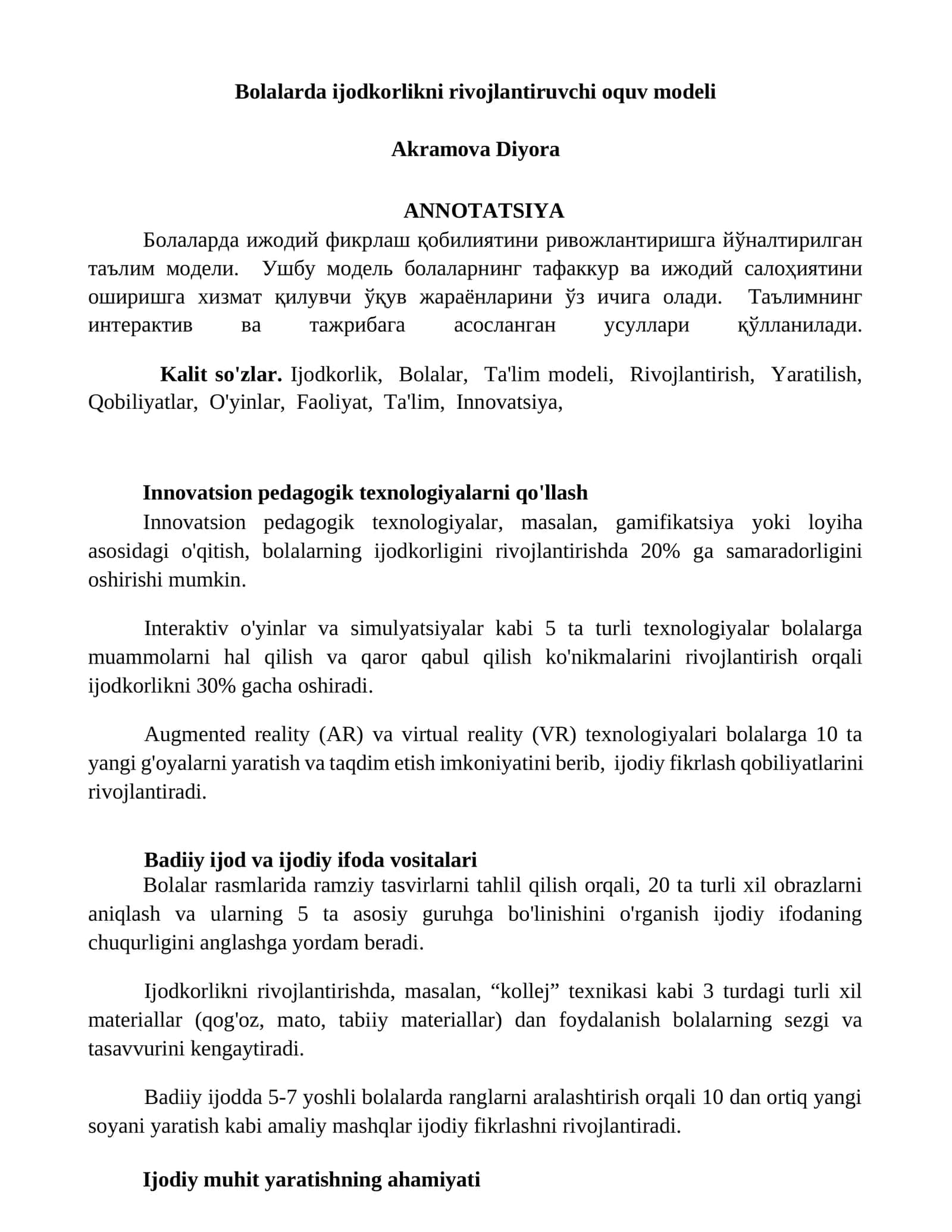 Bolalarda ijodkorlikni rivojlantiruvchi oquv modeli 1