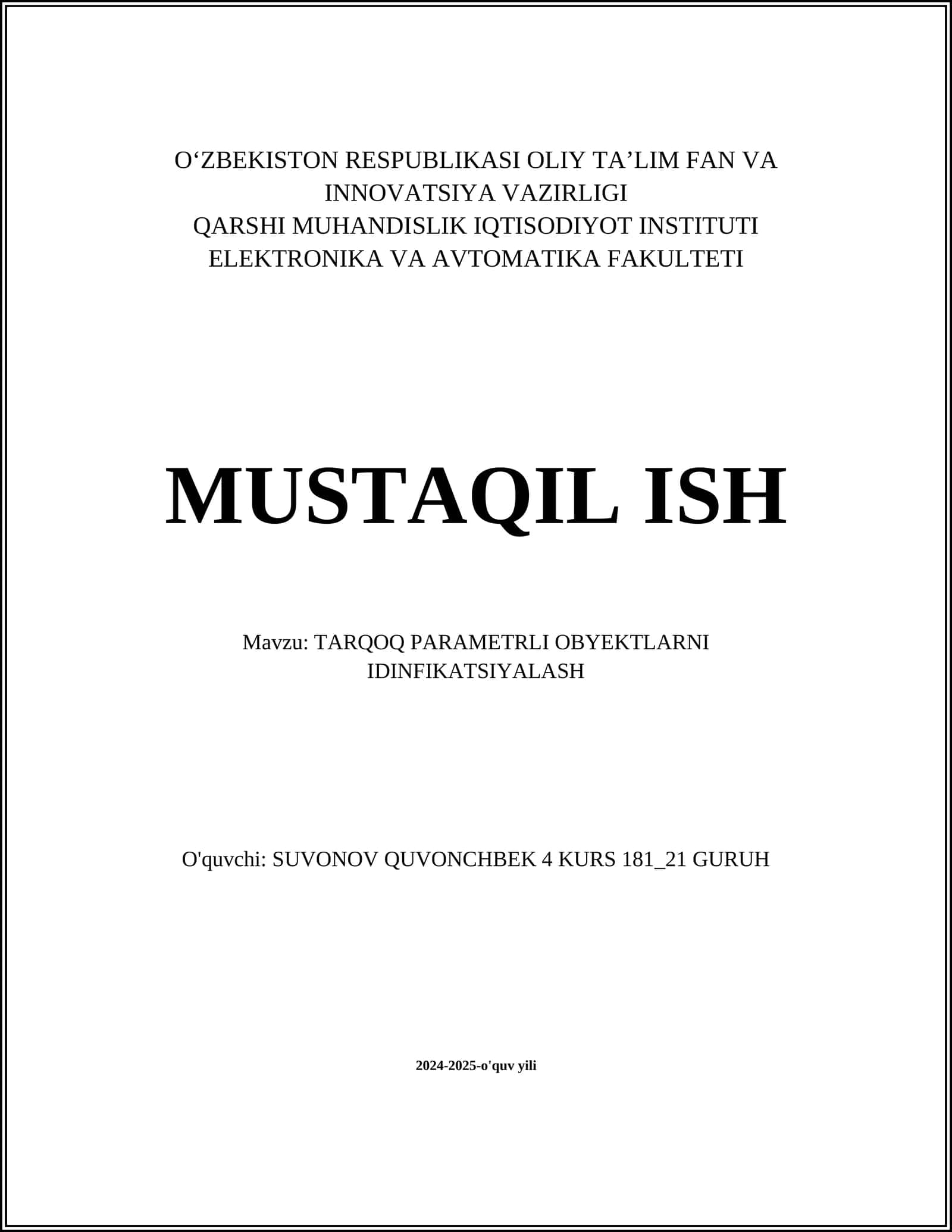 TARQOQ PARAMETRLI OBYEKTLARNI IDINFIKATSIYALASH 1