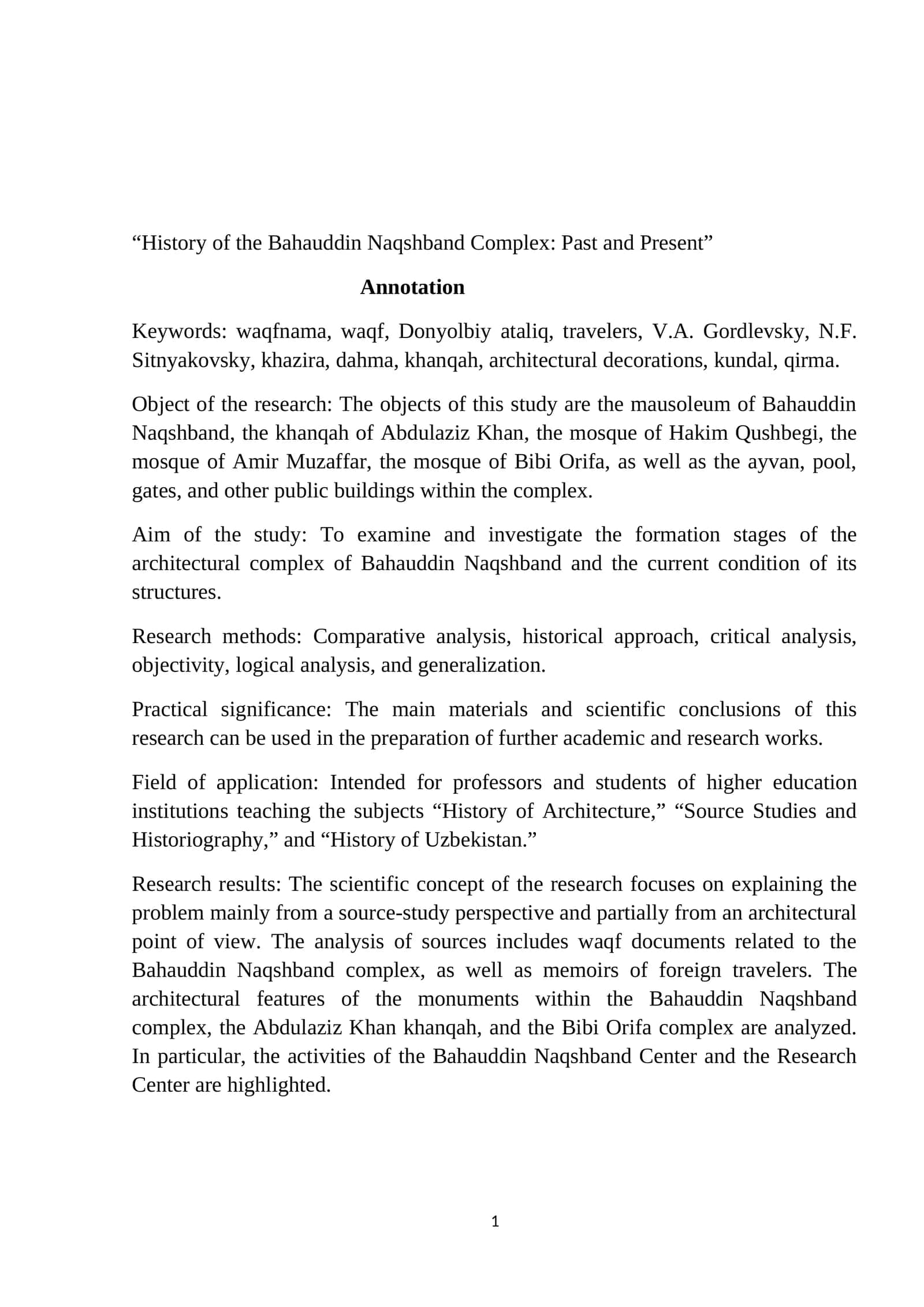 History of the Bahauddin Naqshband Complex: Past and Present 1
