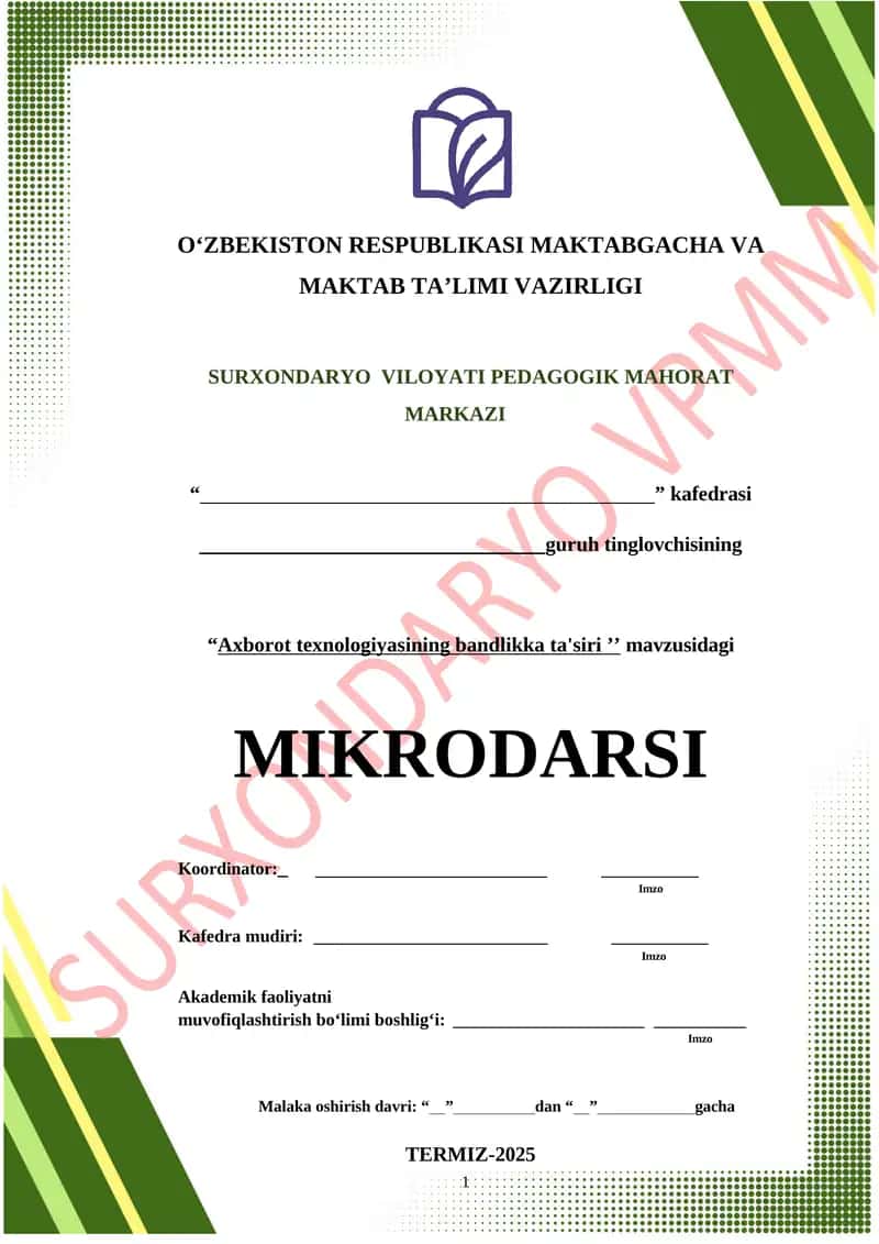 SURXONDARYO VILOYATI PEDAGOGIK MAHORAT MARKAZI “ ” kafedrasi guruh tinglovchisining “Axborot texnologiyasining bandlikka ta'siri ʼʼ mavzusidagi MIKRODARSI 1