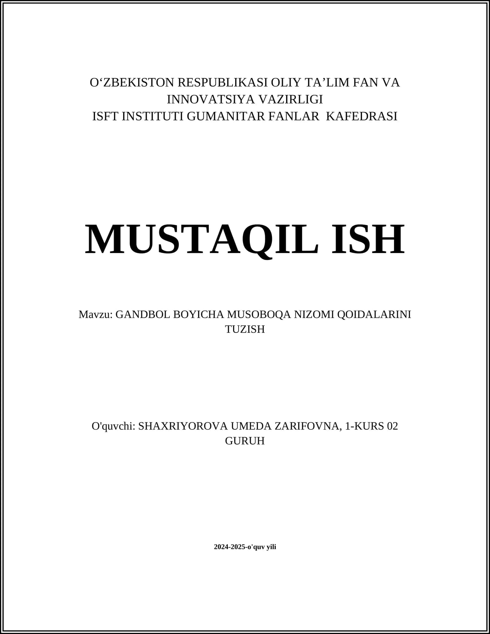 GANDBOL BOYICHA MUSOBOQA NIZOMI QOIDALARINI TUZISH 1