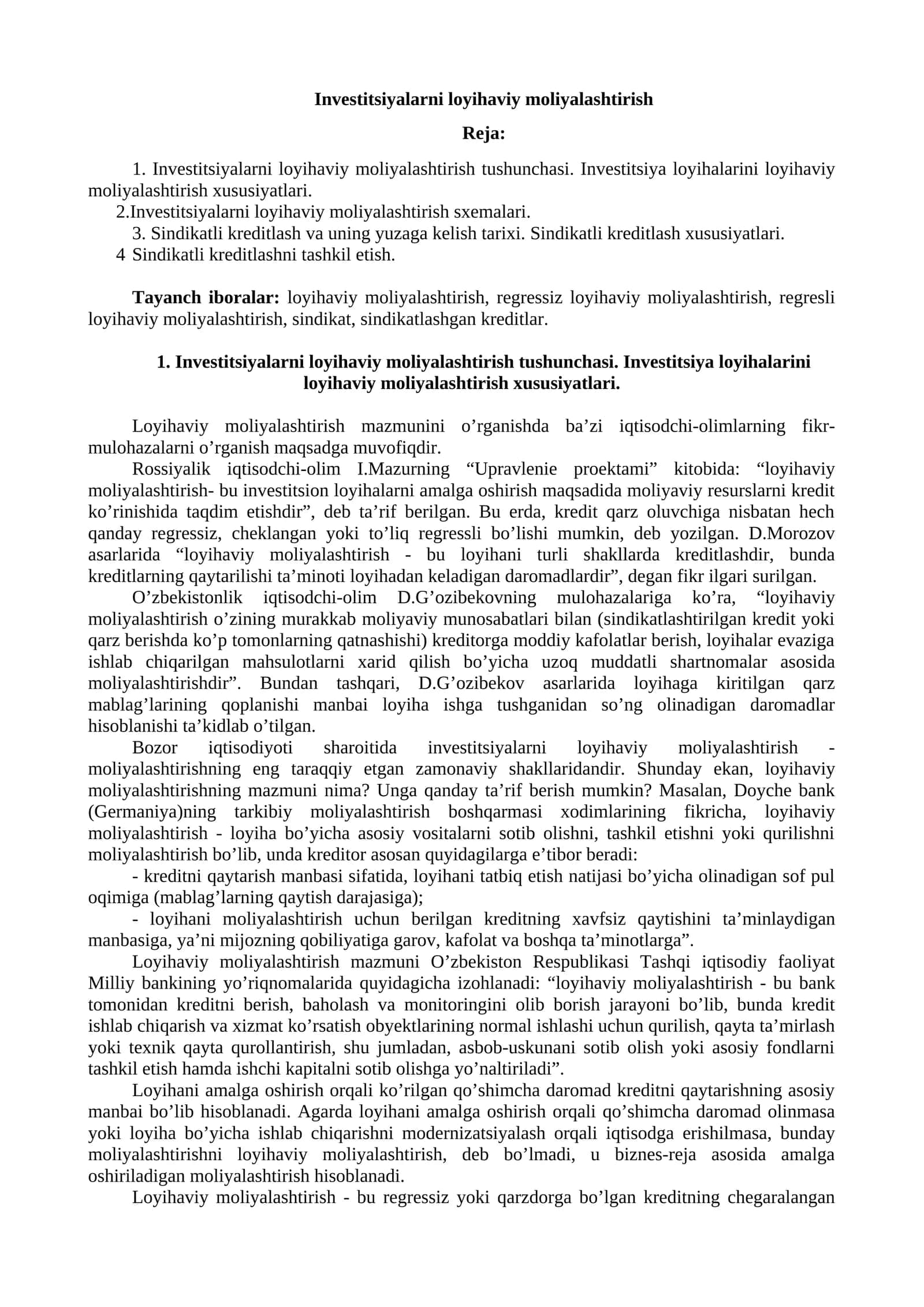 Investitsiyalarni loyihaviy moliyalashtirish 1