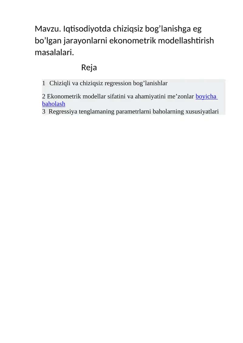 Iqtisodiyotda chiziqsiz bog’lanishga eg bo’lgan jarayonlarni ekonometrik modellashtirish masalalari 1
