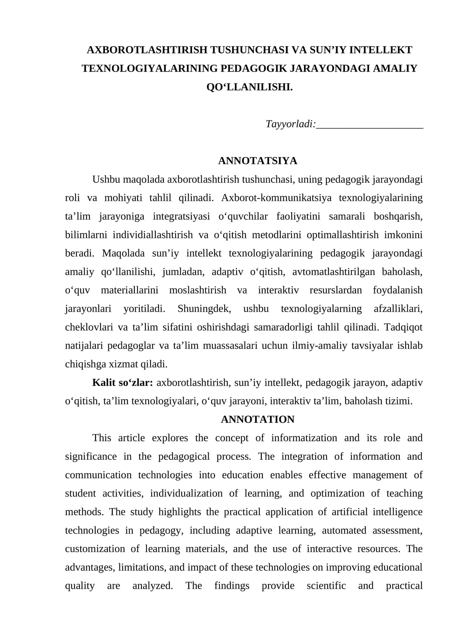 AXBOROTLASHTIRISH TUSHUNCHASI VA SUN’IY INTELLEKT TEXNOLOGIYALARINING PEDAGOGIK JARAYONDAGI AMALIY QO‘LLANILISHI. 1