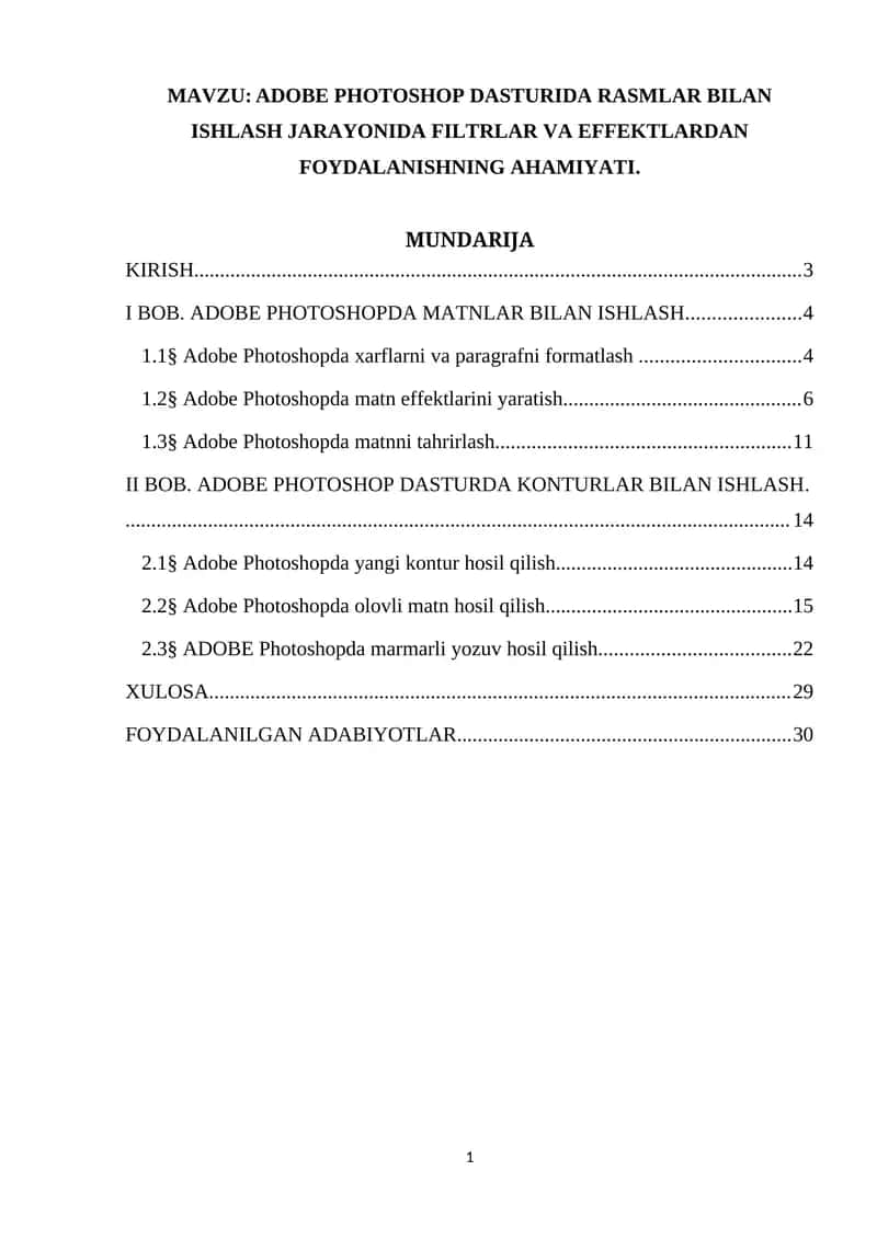 ADOBE PHOTOSHOP DASTURIDA RASMLAR BILAN ISHLASH JARAYONIDA FILTRLAR VA EFFEKTLARDAN FOYDALANISHNING AHAMIYATI 1