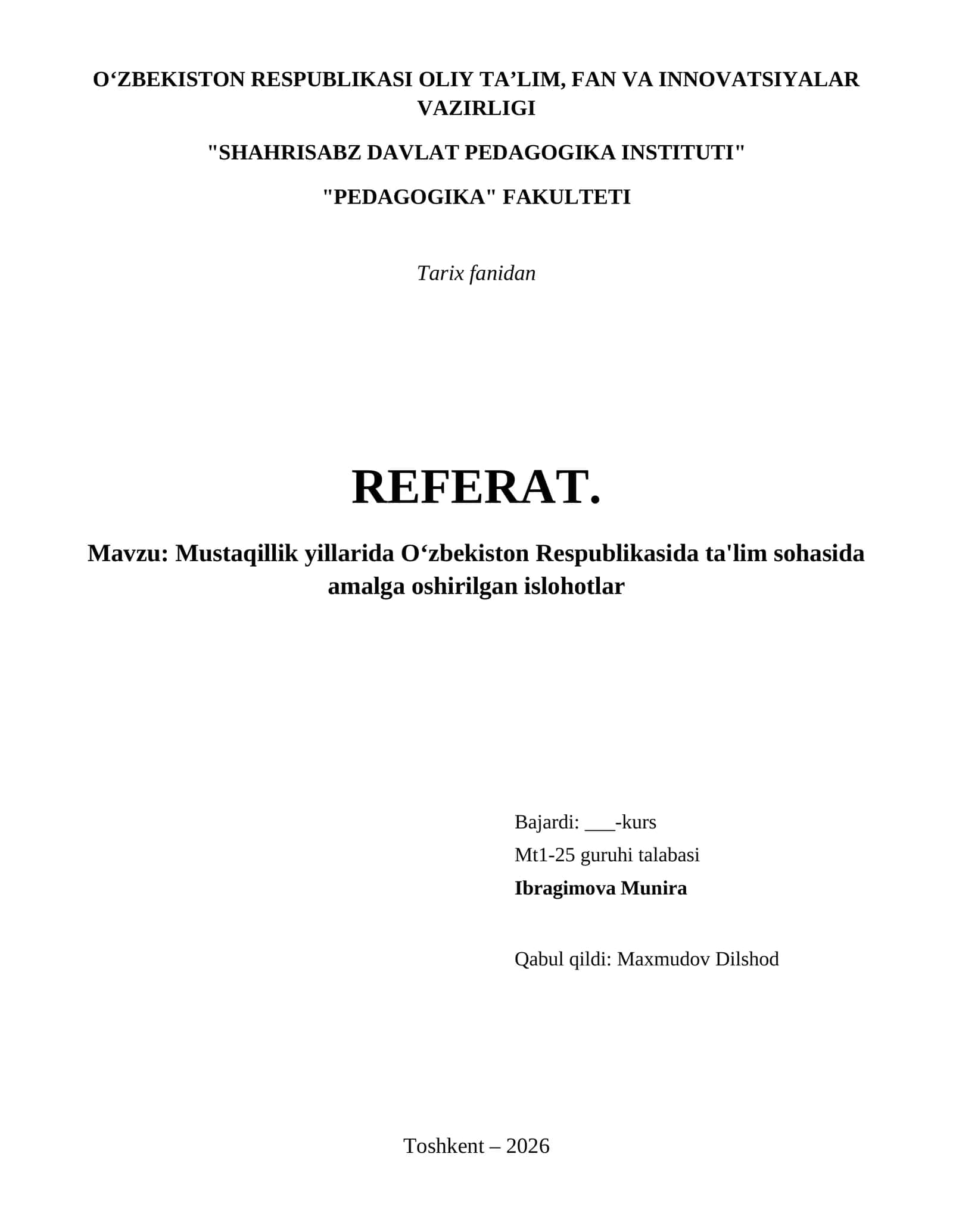 Mustaqillik yillarida Oʻzbekiston Respublikasida ta'lim sohasida amalga oshirilgan islohotlar 1