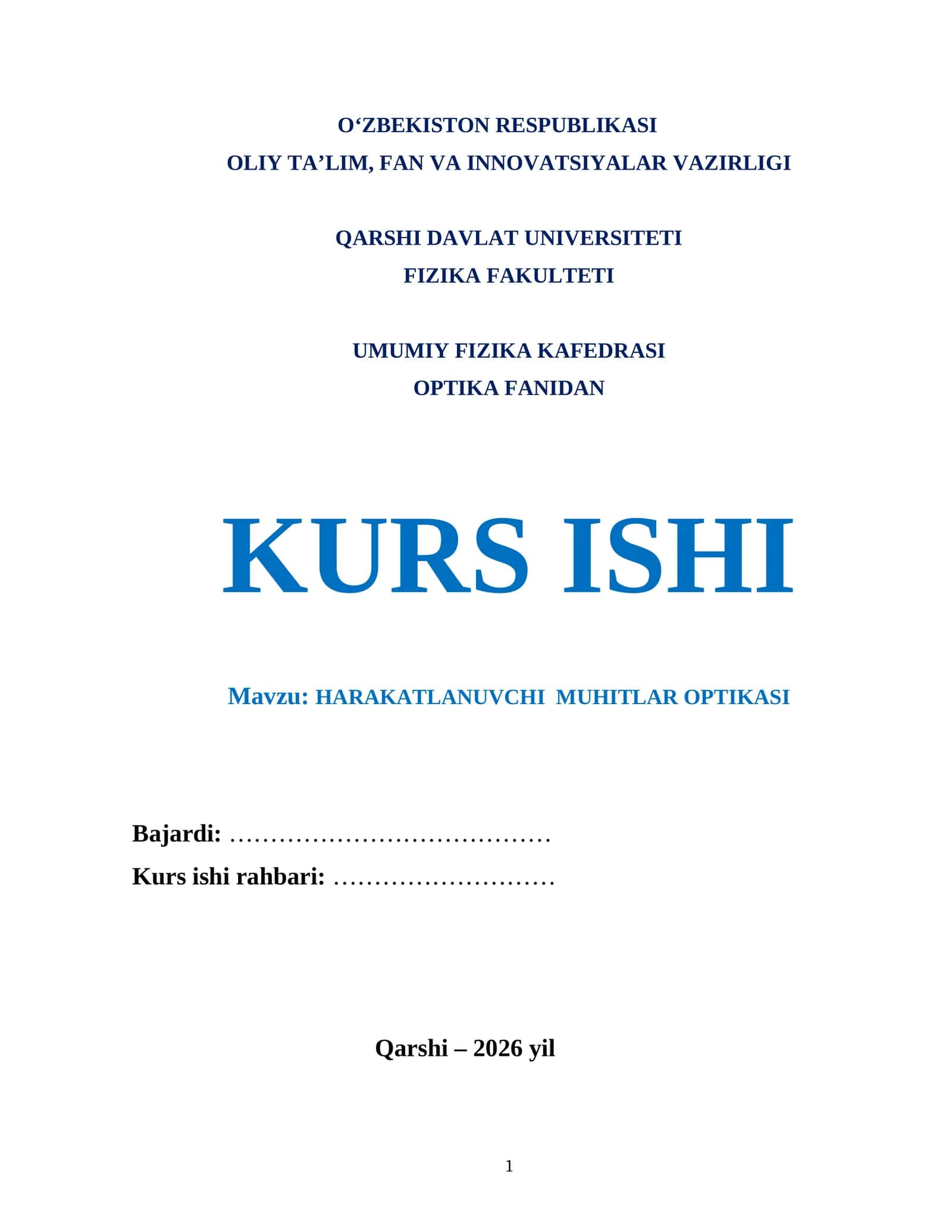 HARAKATLANUVCHI  MUHITLAR OPTIKASI mavzusida tayyor kurs ishi 1