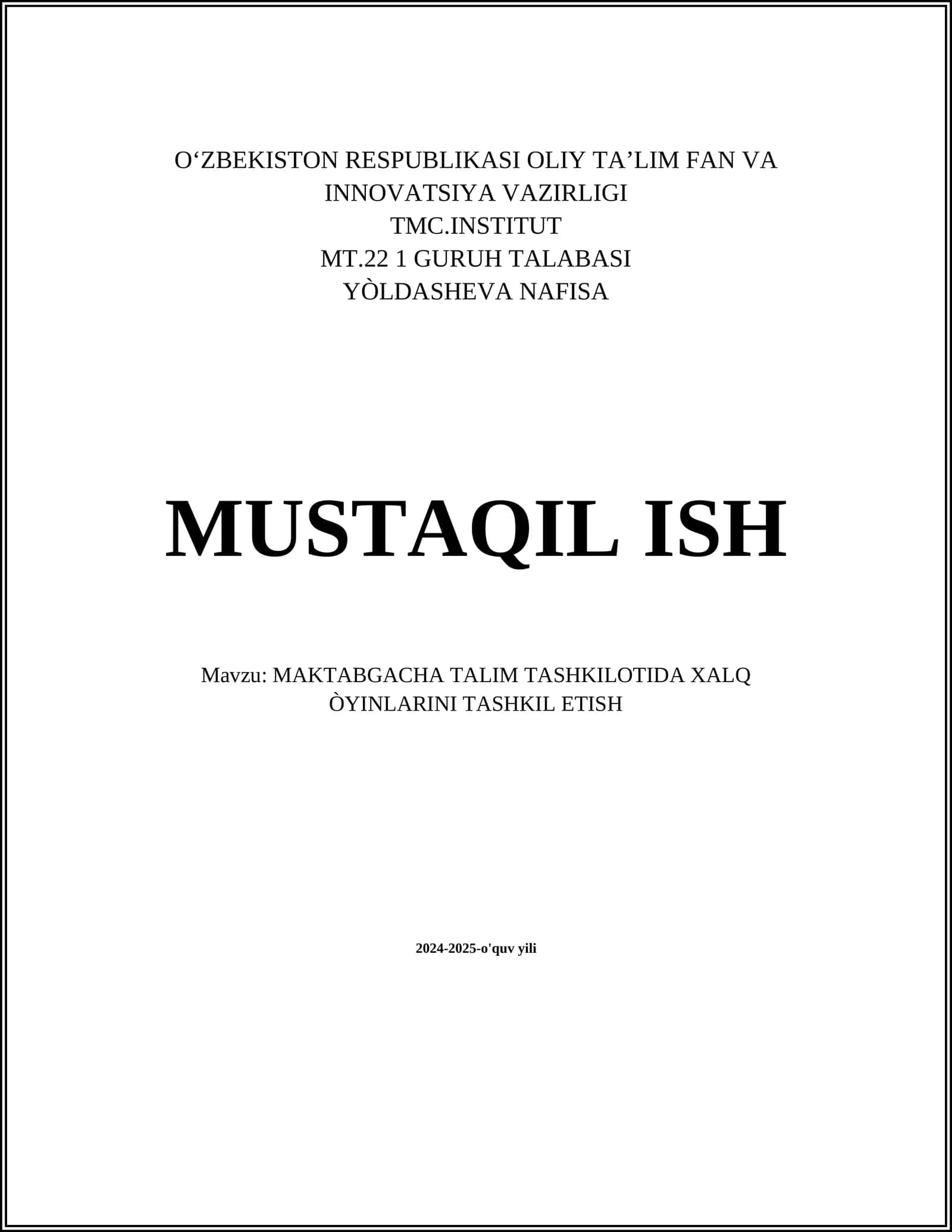 MAKTABGACHA TALIM TASHKILOTIDA XALQ ÒYINLARINI TASHKIL ETISH 1