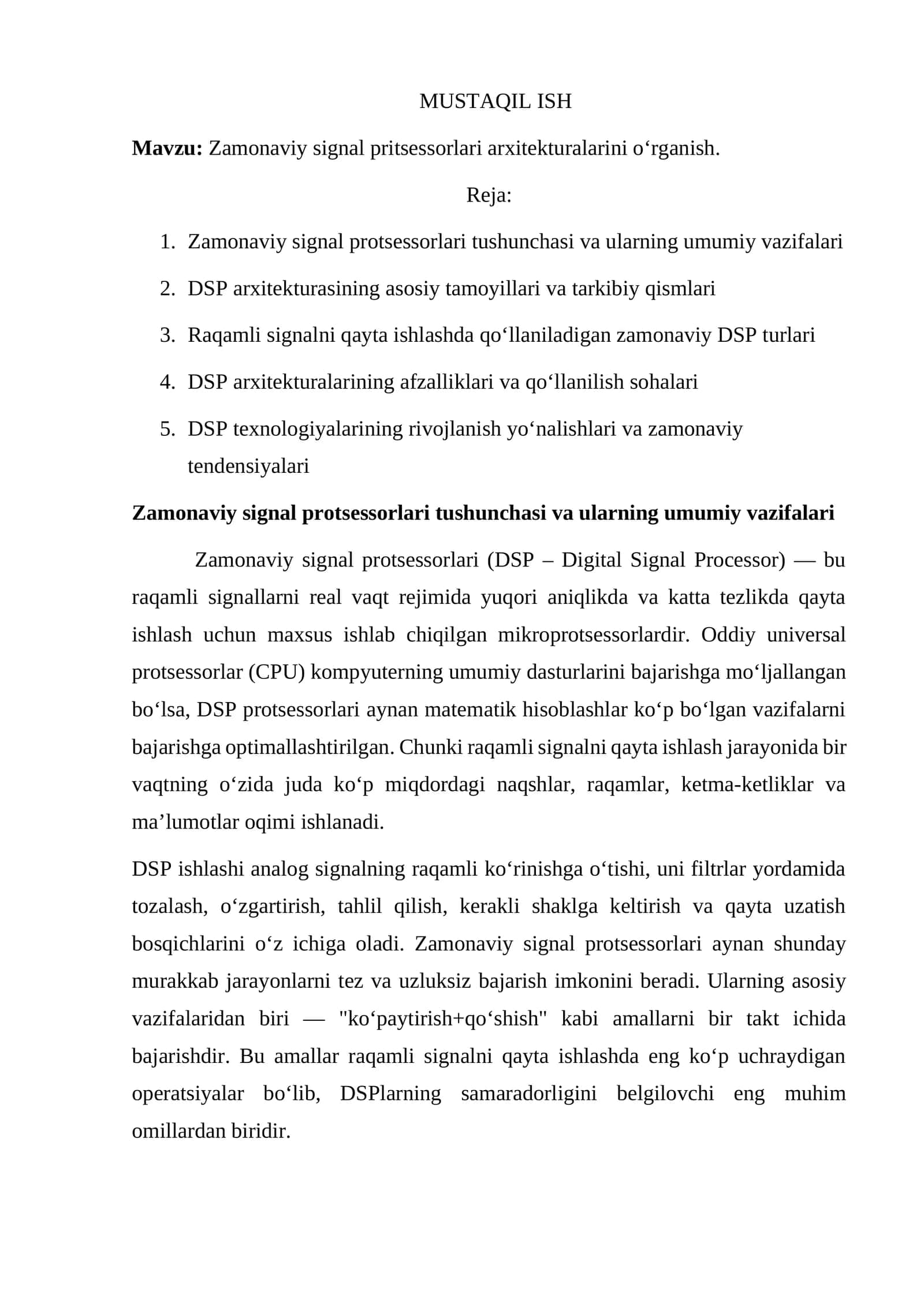 Zamonaviy signal pritsessorlari arxitekturalarini o‘rganish. 1