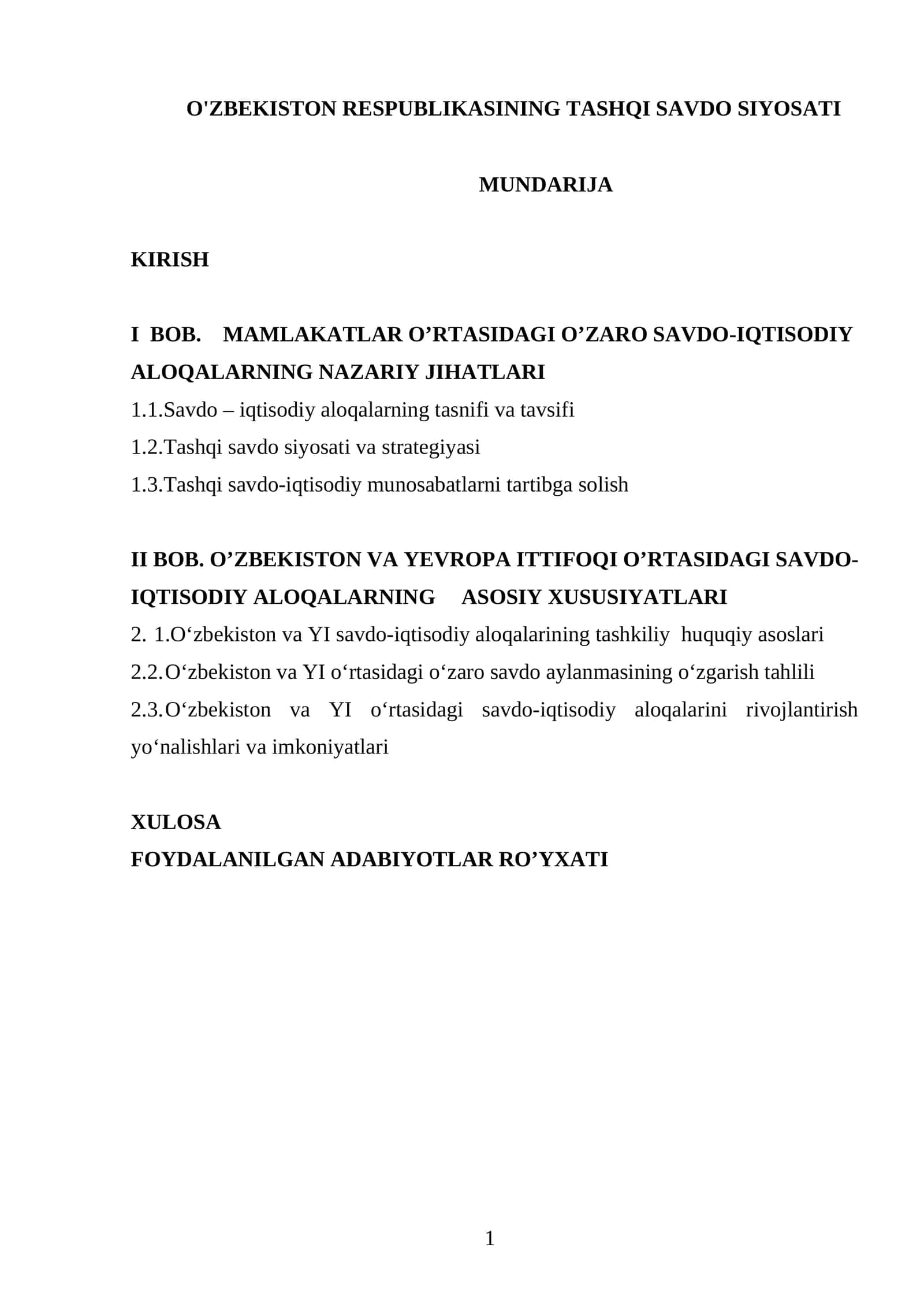 O'ZBEKISTON RESPUBLIKASINING TASHQI SAVDO SIYOSATI 1