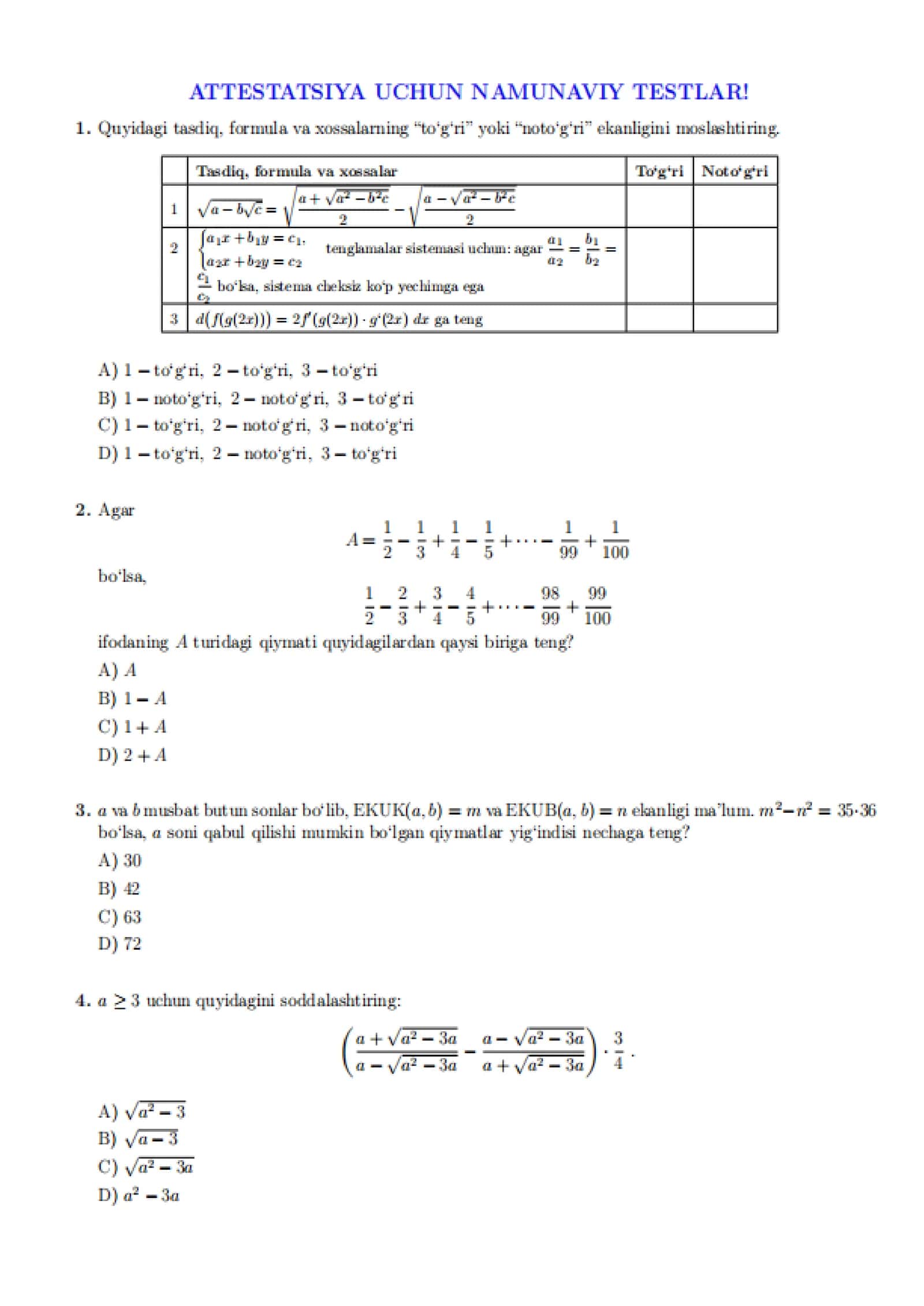 📚"Attestatsiya imtihoniga tayyorgarlik — 50 talik ORIGINAL TEST" 1
