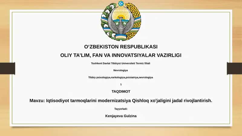 Iqtisodiyot tarmoqlarini modernizatsiya Qishloq xo'jaligini jadal rivojlantirish 1