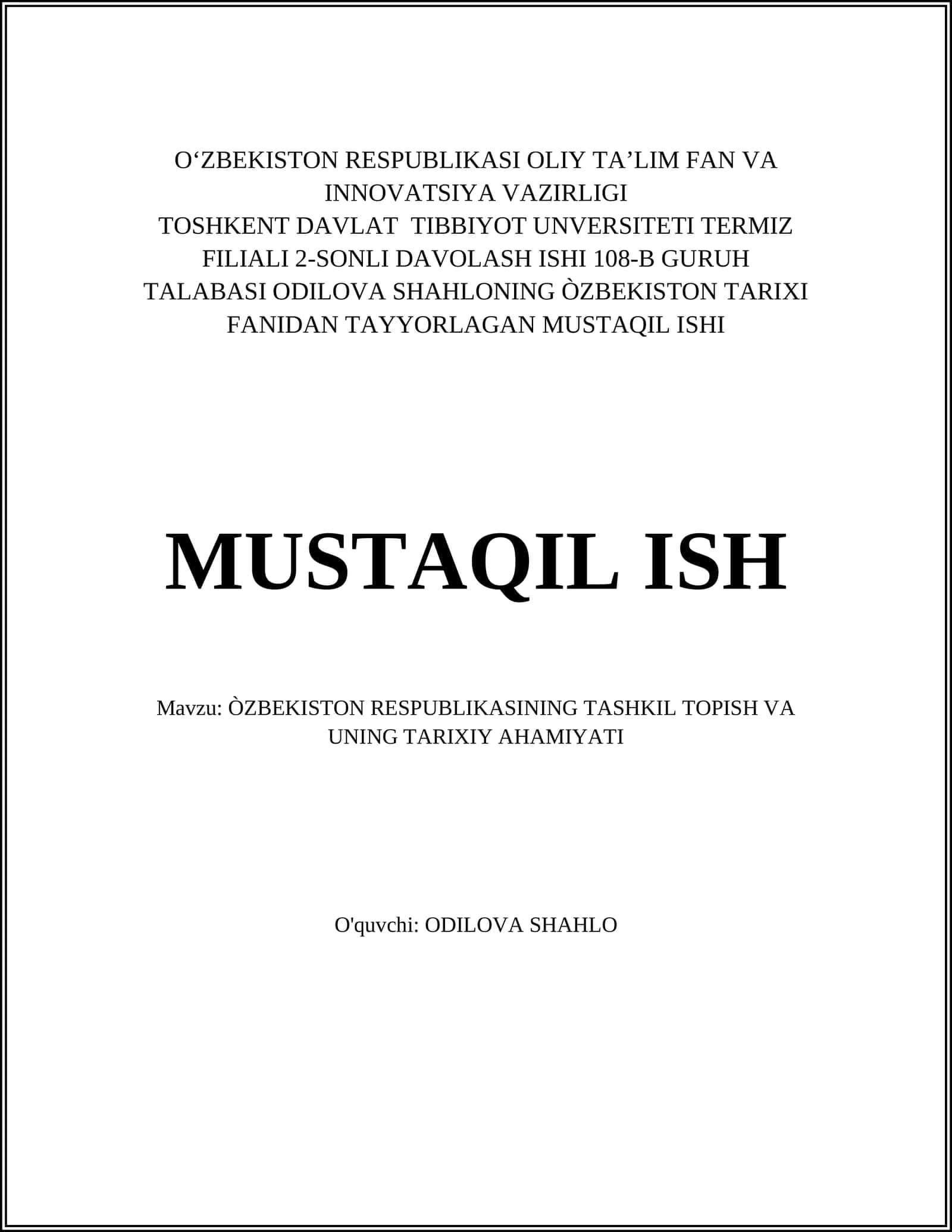 ÒZBEKISTON RESPUBLIKASINING TASHKIL TOPISH VA UNING TARIXIY AHAMIYATI 1