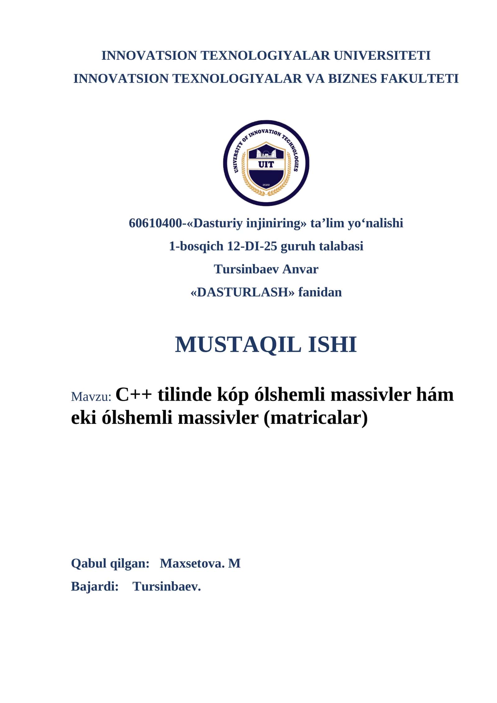 C++ tilinde kóp ólshemli massivler hám eki ólshemli massivler (matricalar) 1