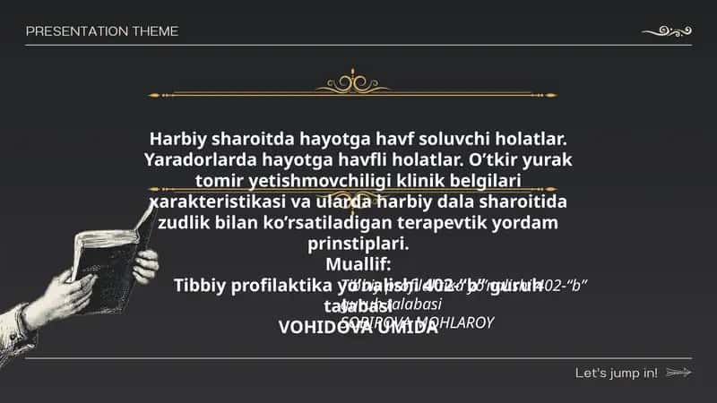 Harbiy sharoitda hayotga havf soluvchi holatlar. Yaradorlarda hayotga havfli holatlar. O’tkir yurak tomir yetishmovchiligi klinik belgilari xarakteristikasi va ularda harbiy dala sharoitida zudlik bilan ko’rsatiladigan terapevtik yordam prinstiplari 1