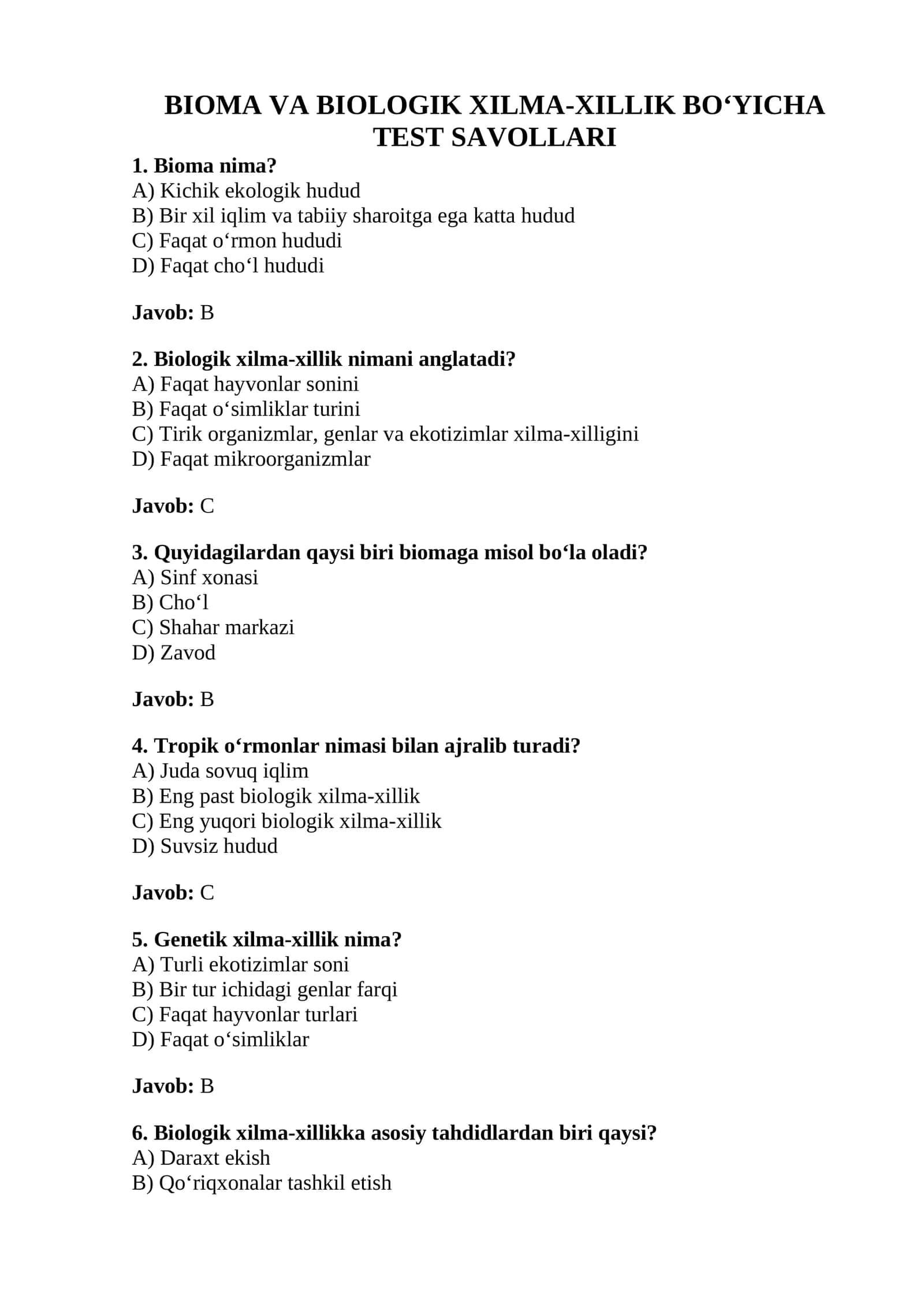 BIOMA VA BIOLOGIK XILMA-XILLIK BO‘YICHA TEST SAVOLLARI 1