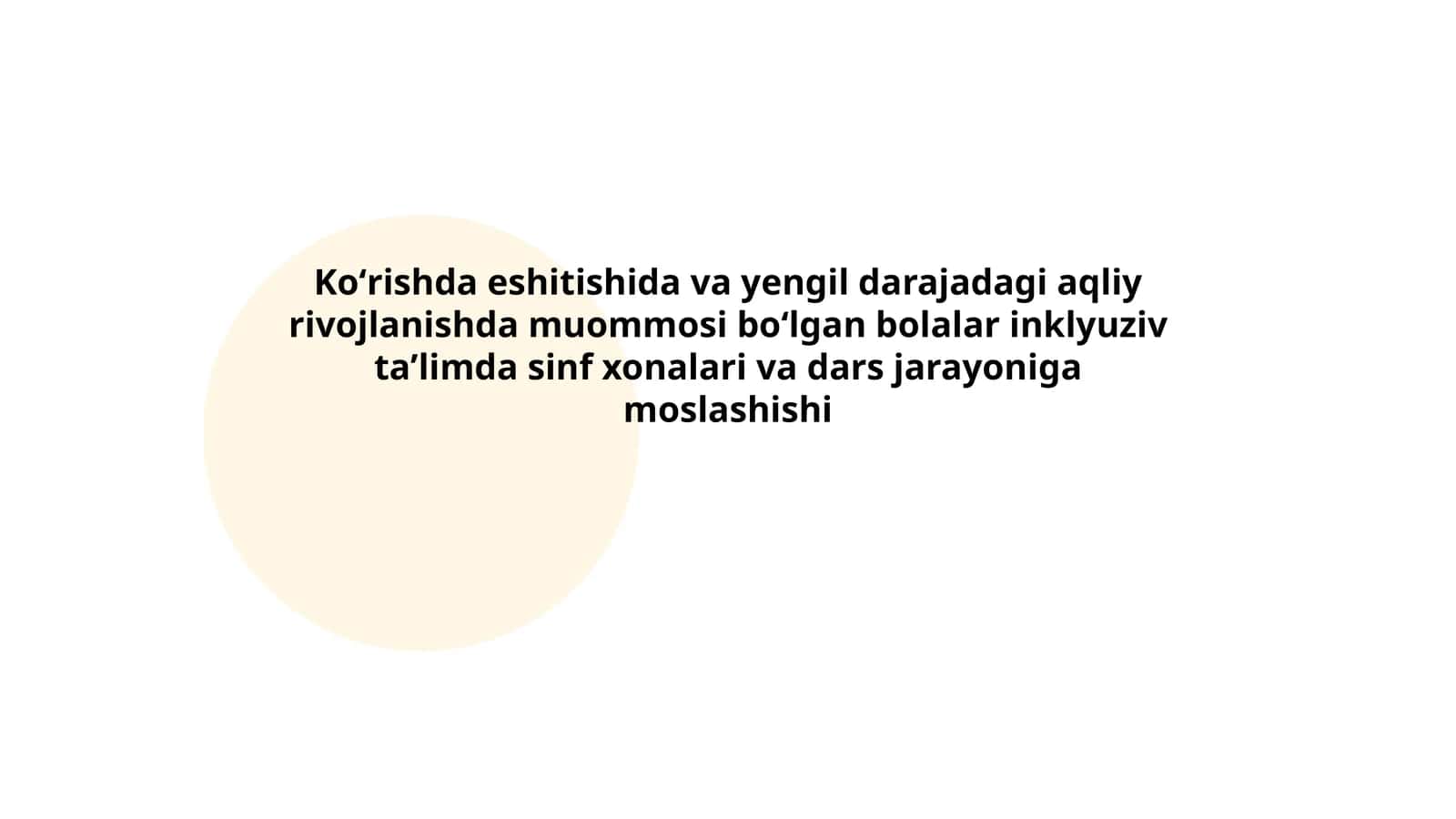 Koʻrishda eshitishida va yengil darajadagi aqliy rivojlanishda muommosi boʻlgan bolalar inklyuziv taʼlimda sinf xonalari va dars jarayoniga moslashishi 1