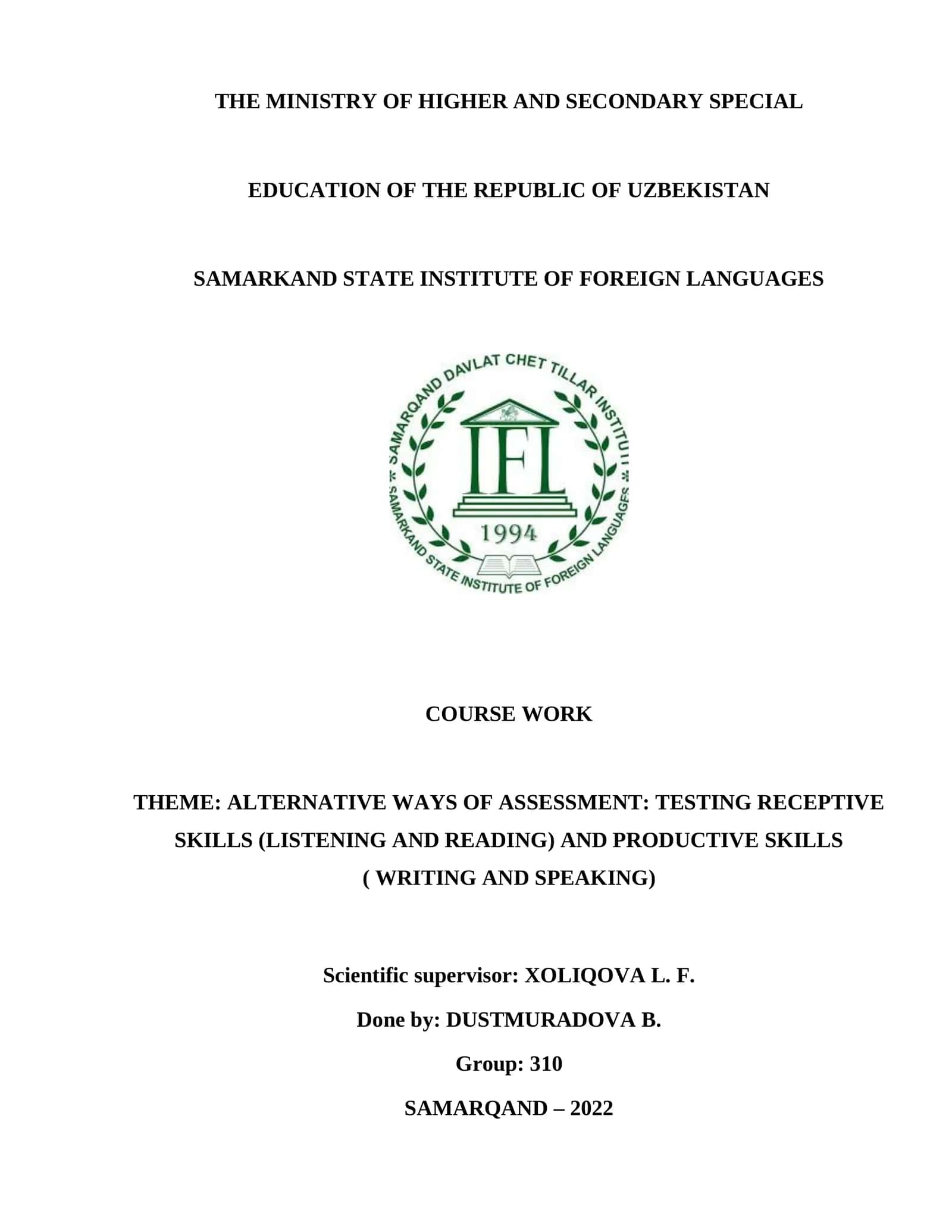 COURSE WORK: ALTERNATIVE WAYS OF ASSESSMENT 1