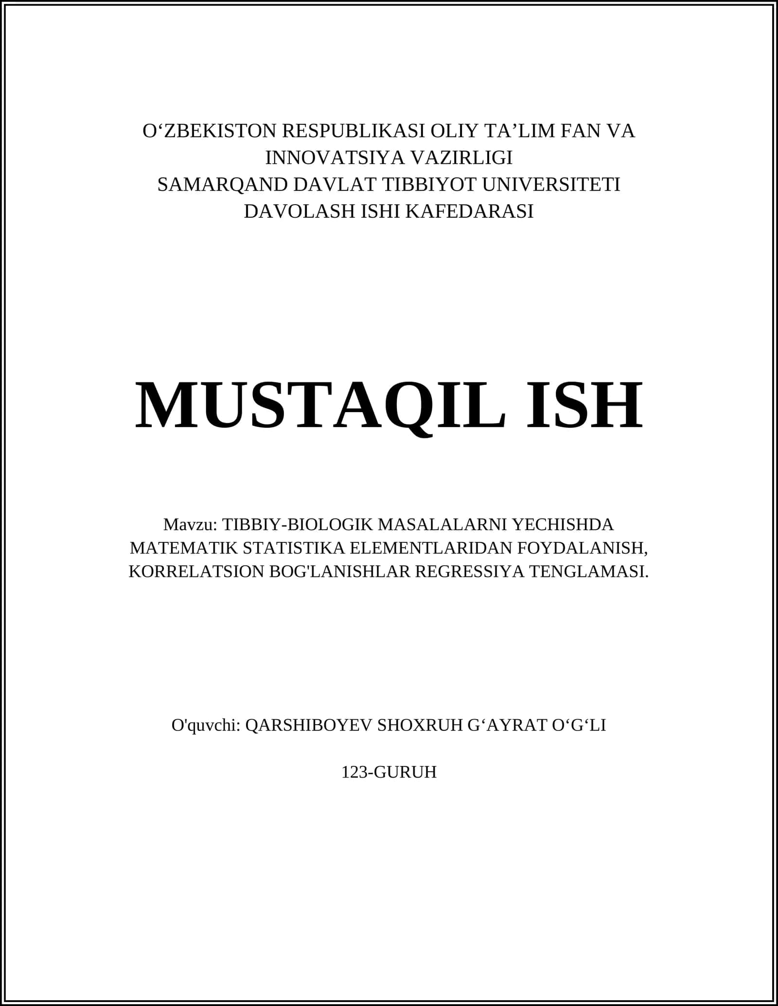 Tibbiy-Biologik Masalalarni Yechishda Matematik Statistika Elementlaridan Foydalanish 1
