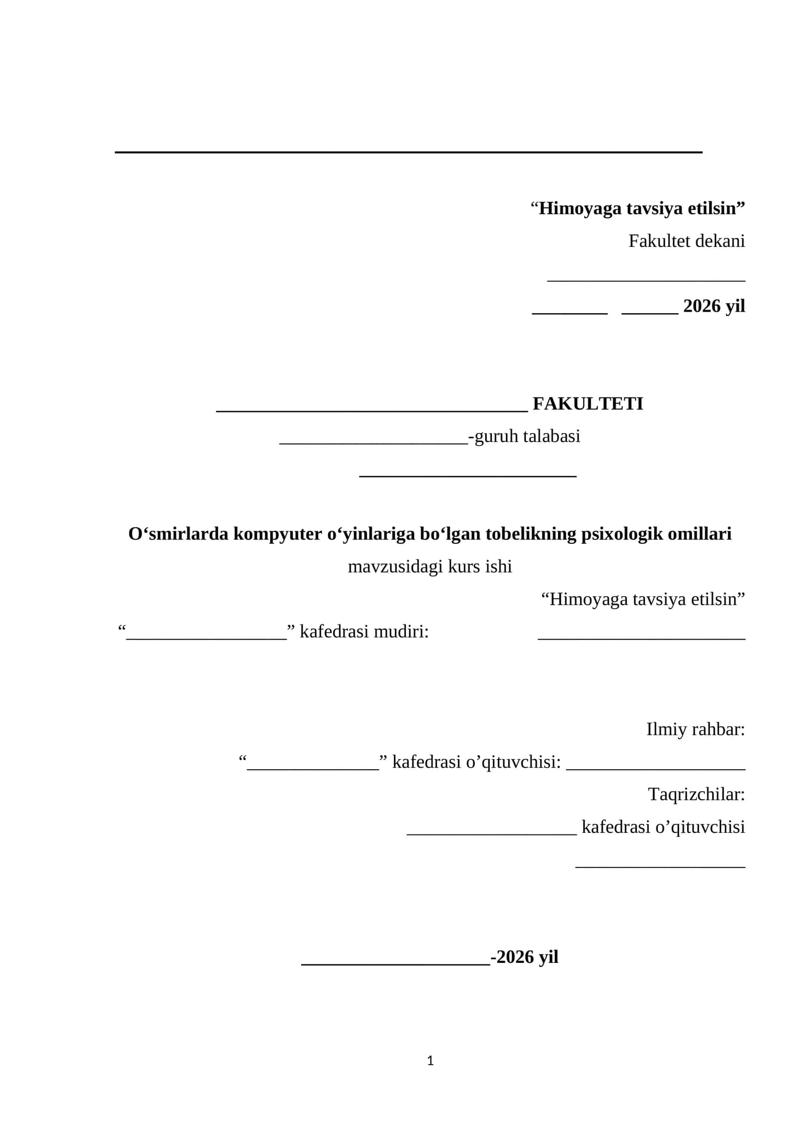 Oʻsmirlarda kompyuter oʻyinlariga boʻlgan tobelikning psixologik omillari mavzusida tayyor kurs ishi 1