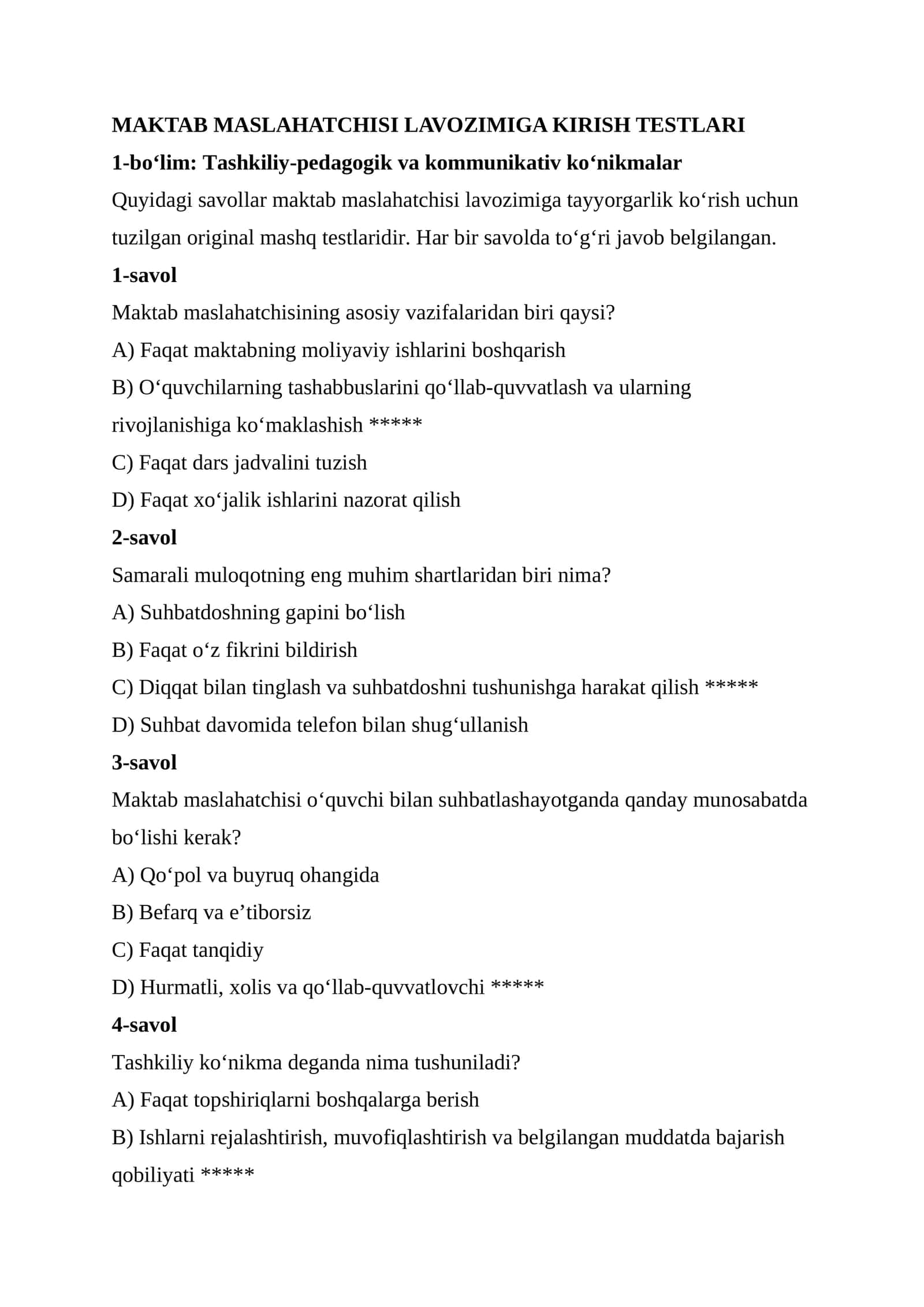 MAKTAB MASLAHATCHISI LAVOZIMIGA KIRISH TESTLARI 1