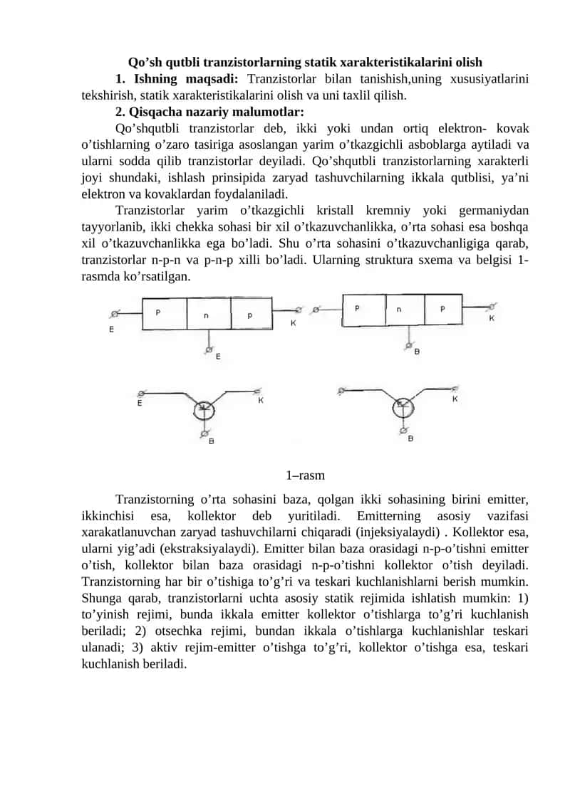 Qo’sh qutbli trаnzistоrlаrning stаtik хаrаktеristikаlаrini оlish 1
