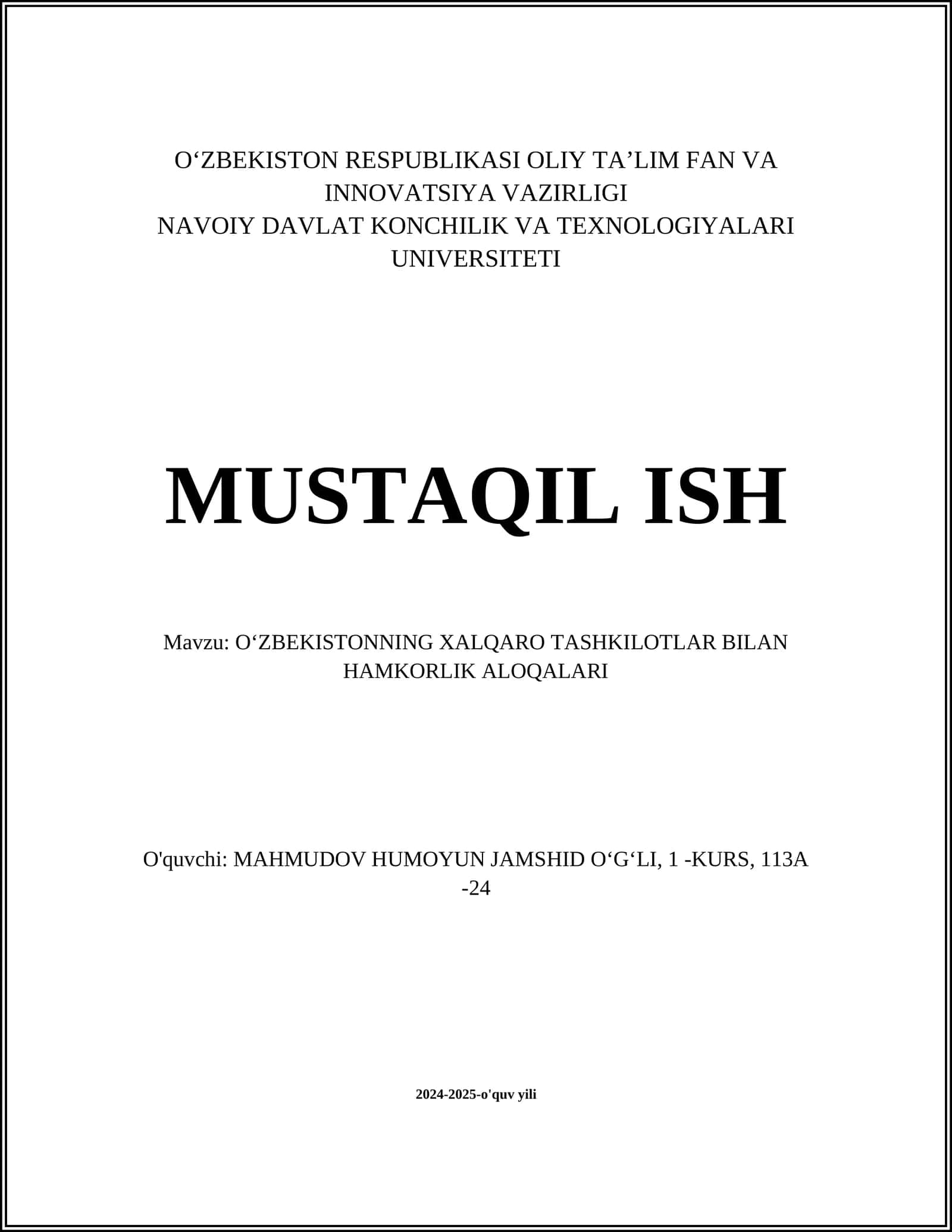 O'ZBEKISTONNING XALQARO TASHKILOTLAR BILAN HAMKORLIK ALOQALARI 1