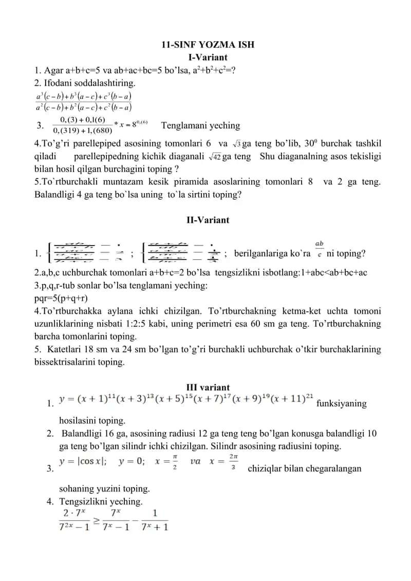 Matematikadan Olimpiada savollari 1