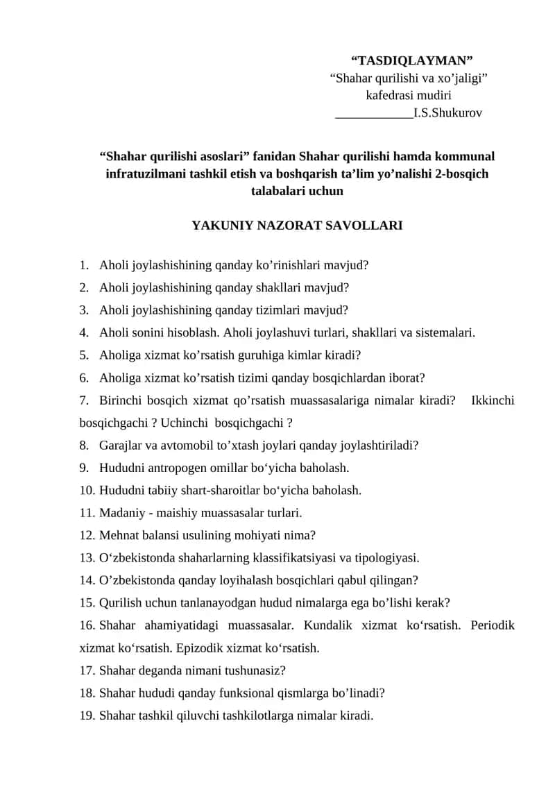 Shahar qurilishi va xo’jaligi kafedrasi mudiri 1