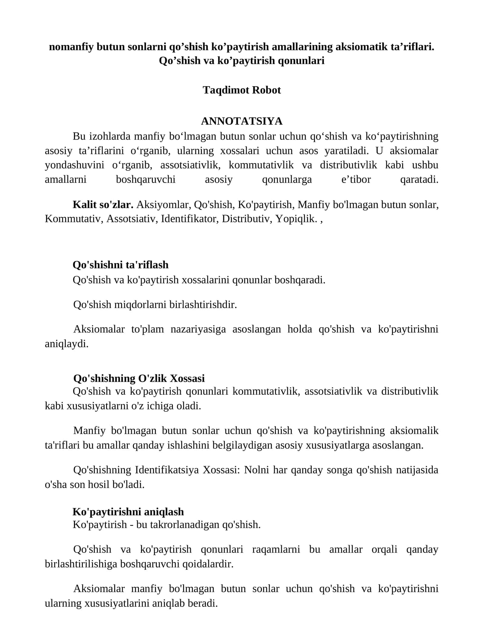 Qo'shish va Ko'paytirishning Aksiomatik Ta'riflari 1