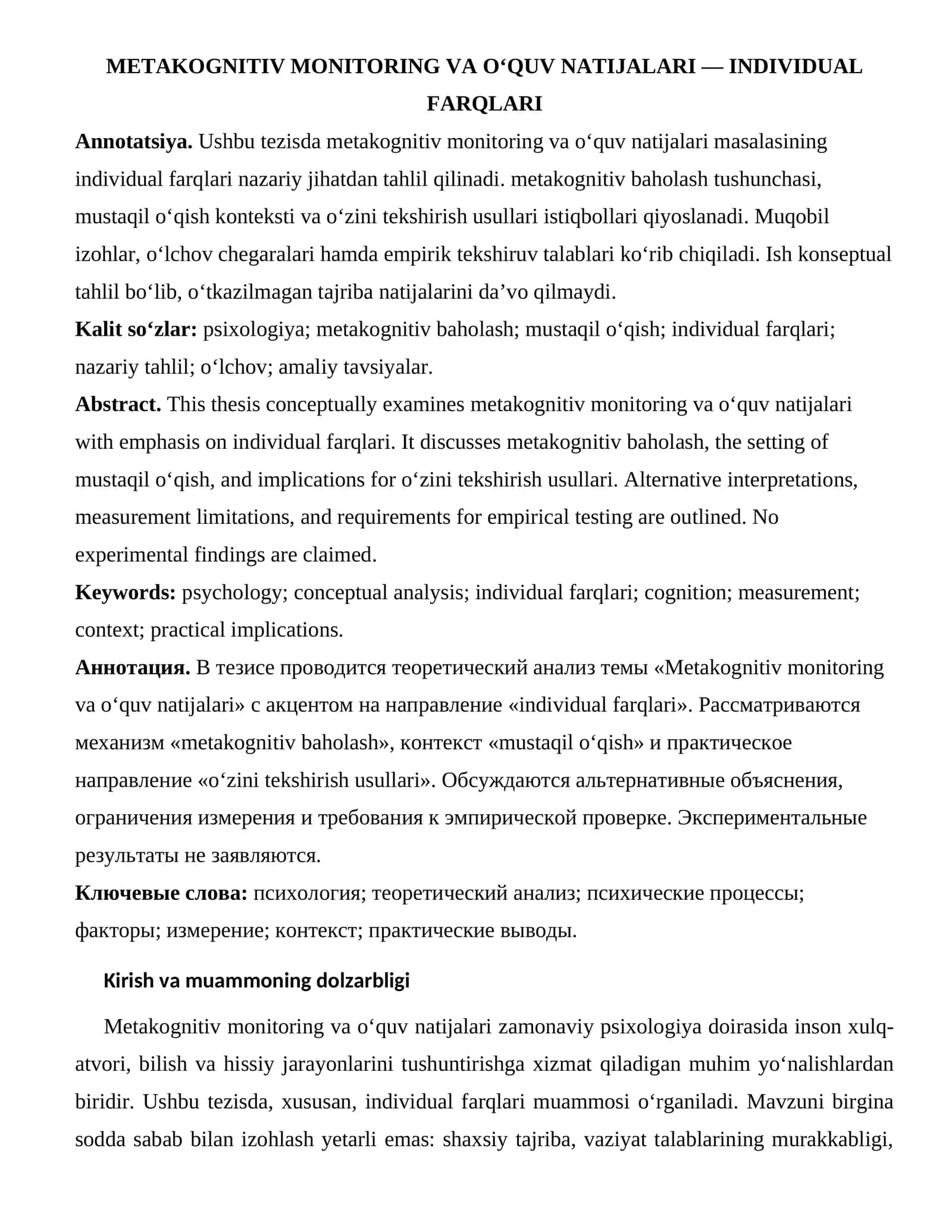 METAKOGNITIV MONITORING VA O‘QUV NATIJALARI — INDIVIDUAL FARQLARI 1