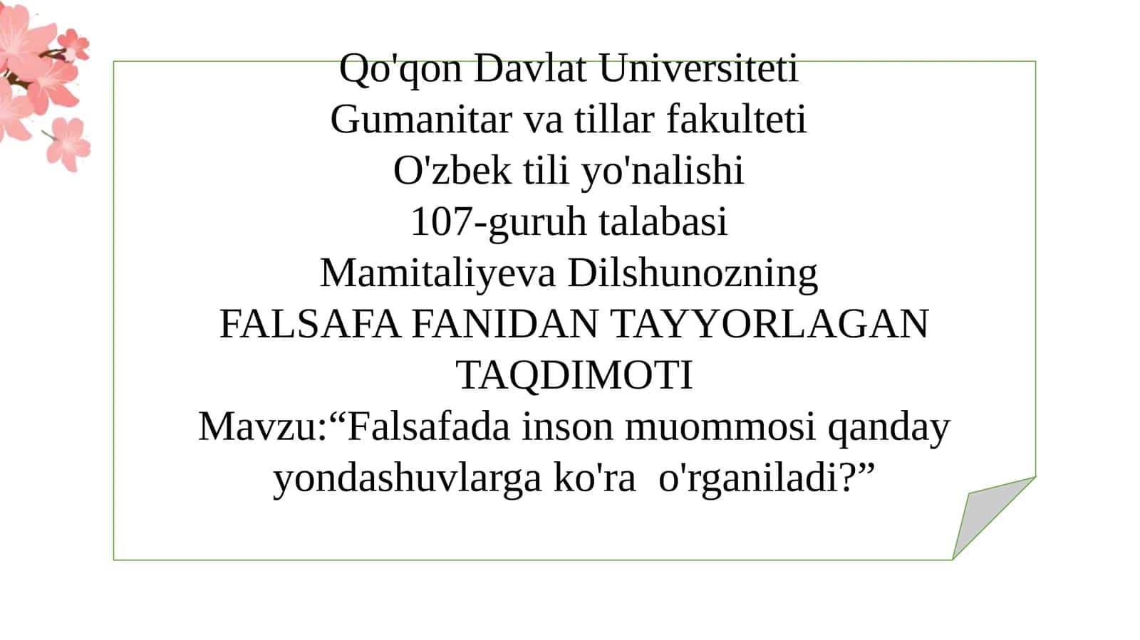 FALSAFA FANIDAN TAYYORLAGAN TAQDIMOTI 1