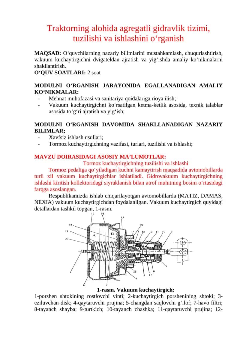 Traktorning alohida agregatli gidravlik tizimi, tuzilishi va ishlashini o‘rganish 1