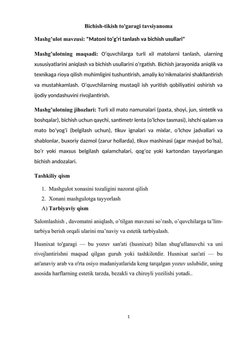 Bichish-tikish to'garagi tavsiyanoma 1