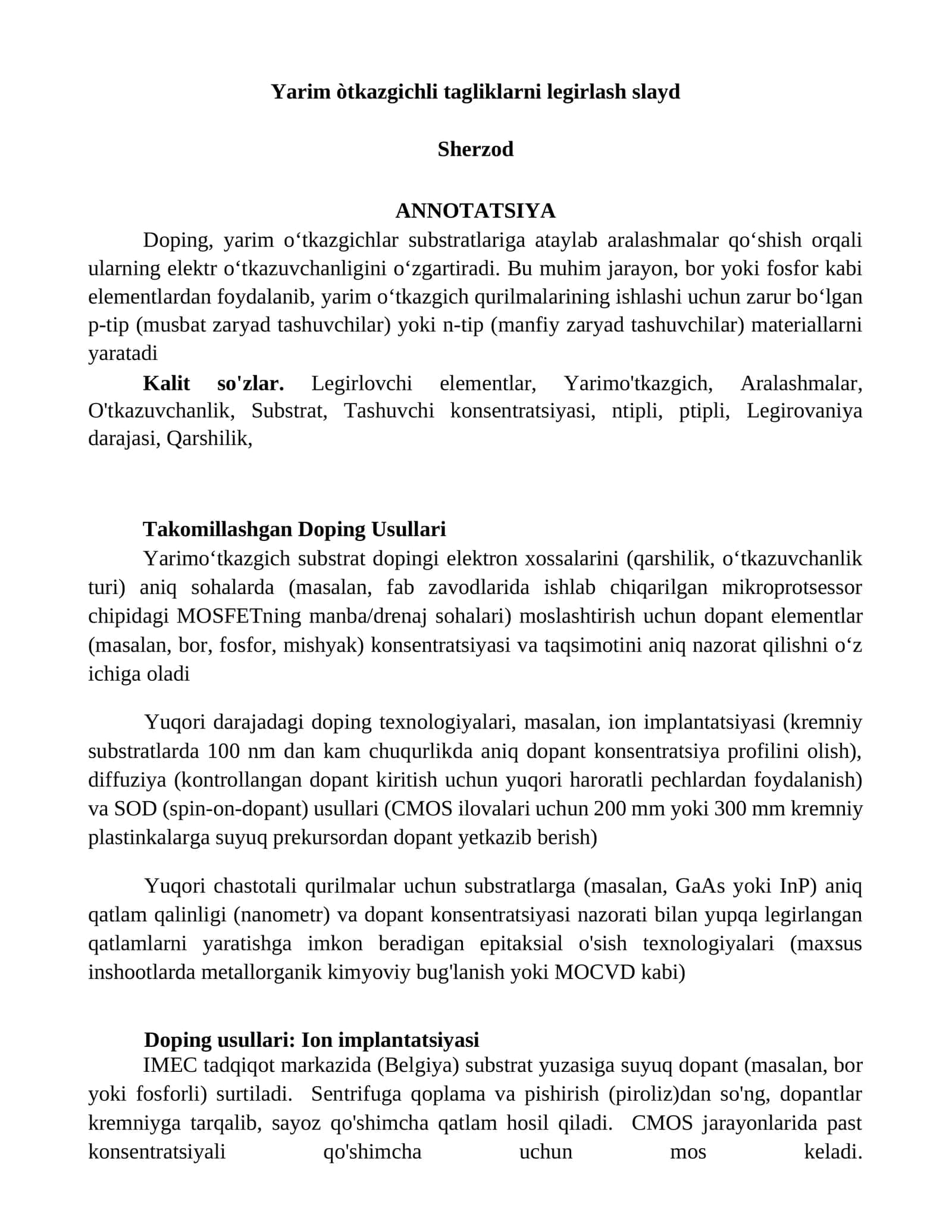Yarim òtkazgichli tagliklarni legirlash slayd 1