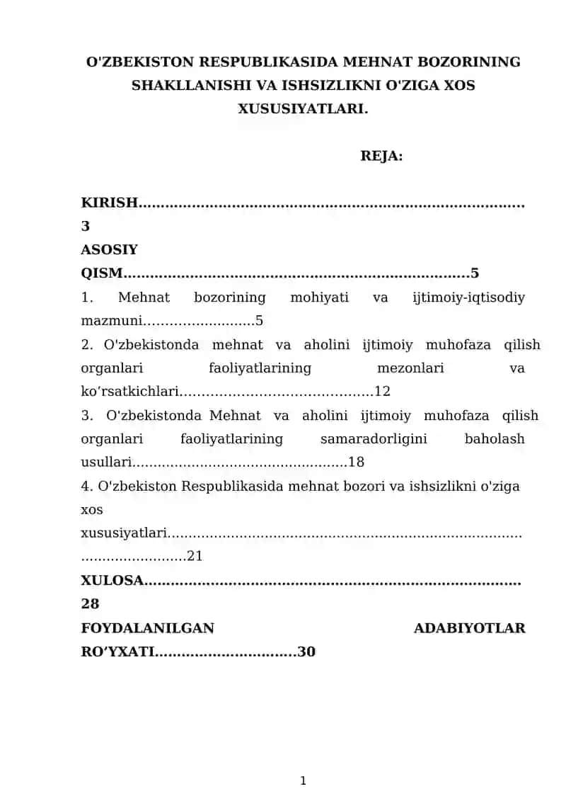 O'ZBEKISTON RESPUBLIKASIDA MEHNAT BOZORINING SHAKLLANISHI VA ISHSIZLIKNI O'ZIGA XOS XUSUSIYATLARI